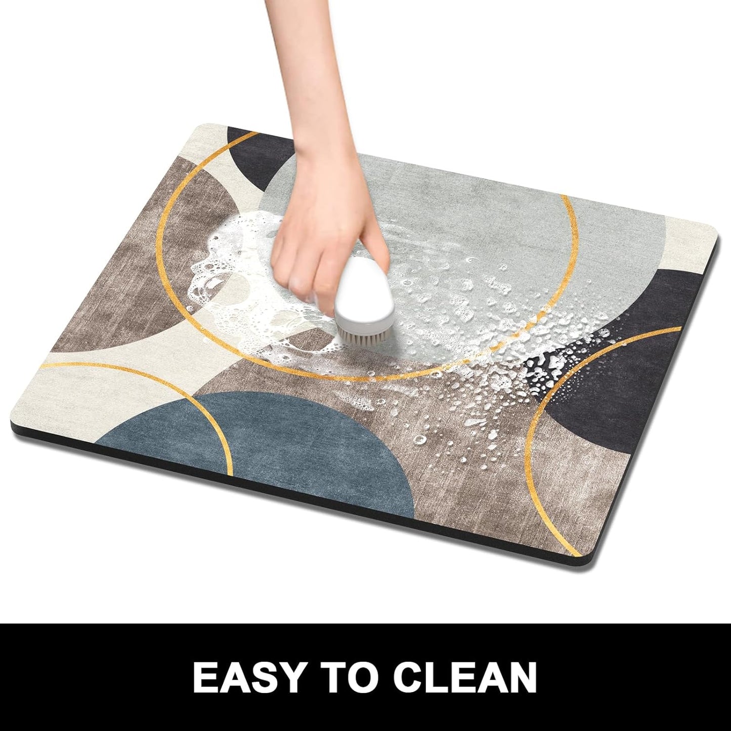 Rnivvi Dish Drying Mat for Kitchen Counter, 16 x 18" Cute Boho Theme Absorbent Heat Resistant Drying Pad with Non-slip Rubber, Coffee Bar Mats for Coffee Machine Dish Rack, Abstract Art Circle