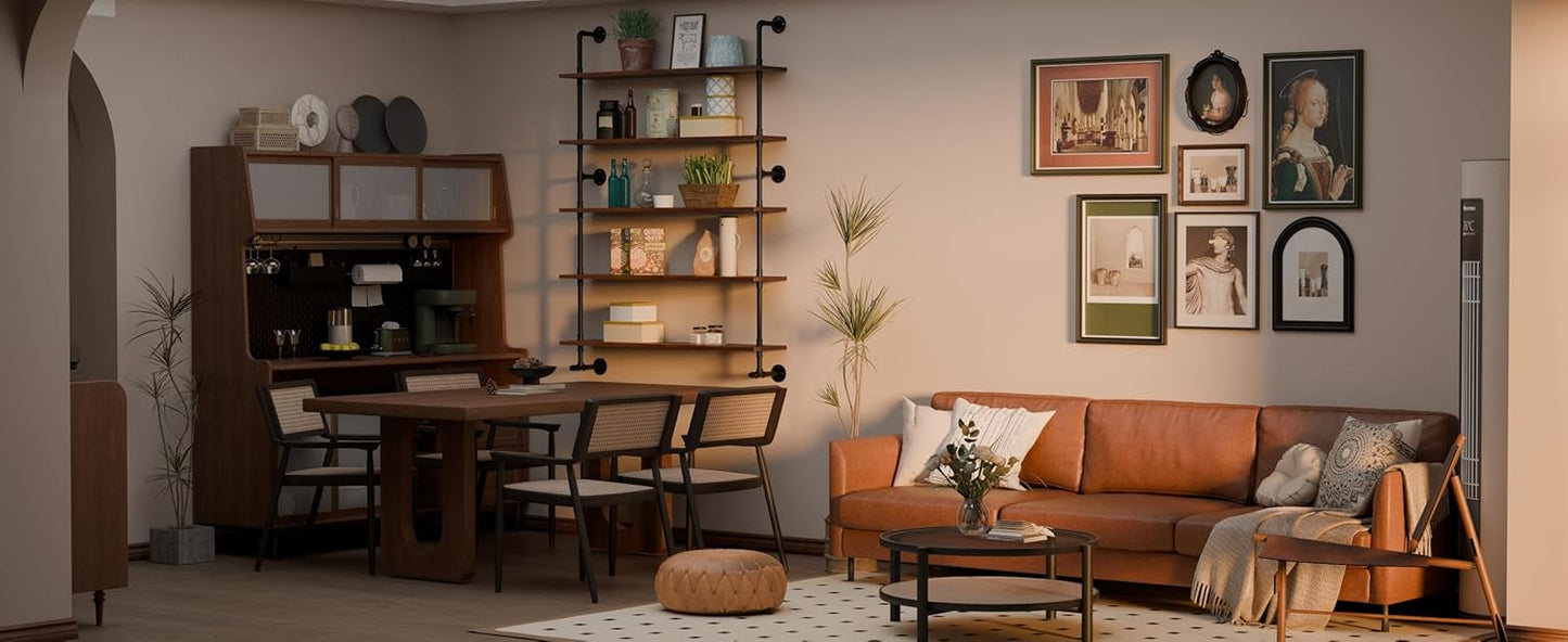 Industrial Pipe Wall Shelves Pipe Shelving with Real Wood Plank ,48 Inches Floating Shelves for Wall Farmhouse Pipe Book Shelves Dark Brown 5 Tier for Kitchen,Living Room Decor and Bar Shelving