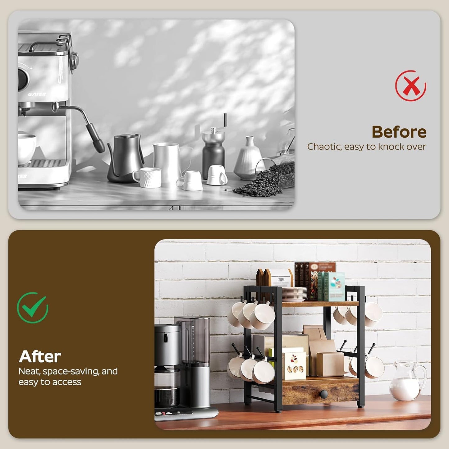 3-Tier Coffee Mug Holder with 12 Hooks, Coffee Bar Organizer, 25 Pods Capacity, Versatile Desktop Storage Rack, Space-Saving, for Kitchen, Living Room, Rustic Brown and Black MH01BR