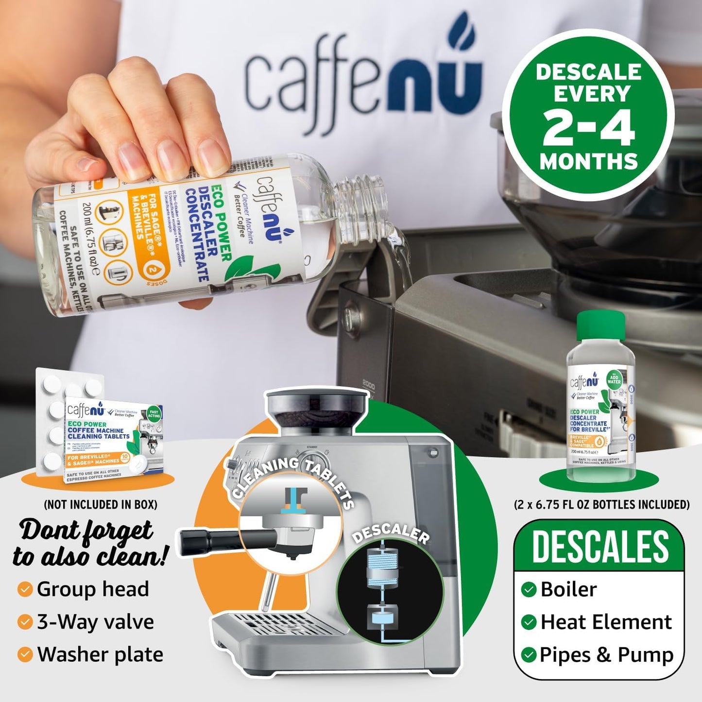 Breville Compatible Descaling Solution. 2 Bottles of Descaler Solution. Descaling Kit Removes Limescale For Hotter Coffee. 4 Uses Descaler For Breville Coffee Machines.