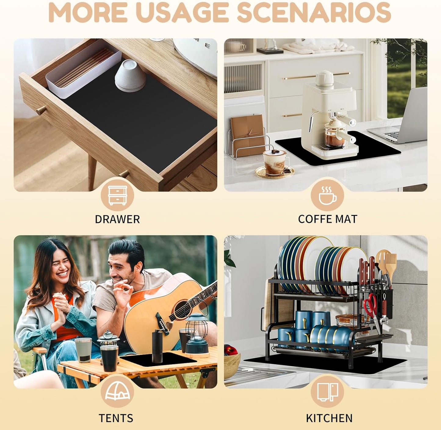 Coffee Mat Hide Stain Rubber (Black, 30cm×40cm), Coffee Bar Accessories Fit Under Espresso Machine CoffeeMaker Coffeepot, Backed Absorbent Dish Drying Mat for Kitchen Counter (Black, 12"x16")