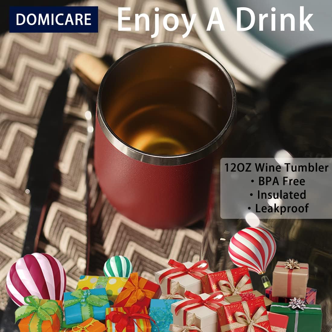 DOMICARE Stainless Steel Wine Tumbler Bulk with Lid, Personalized Insulated Tumblers Set, 12oz Travel Coffee Cups Pack of 4, Red