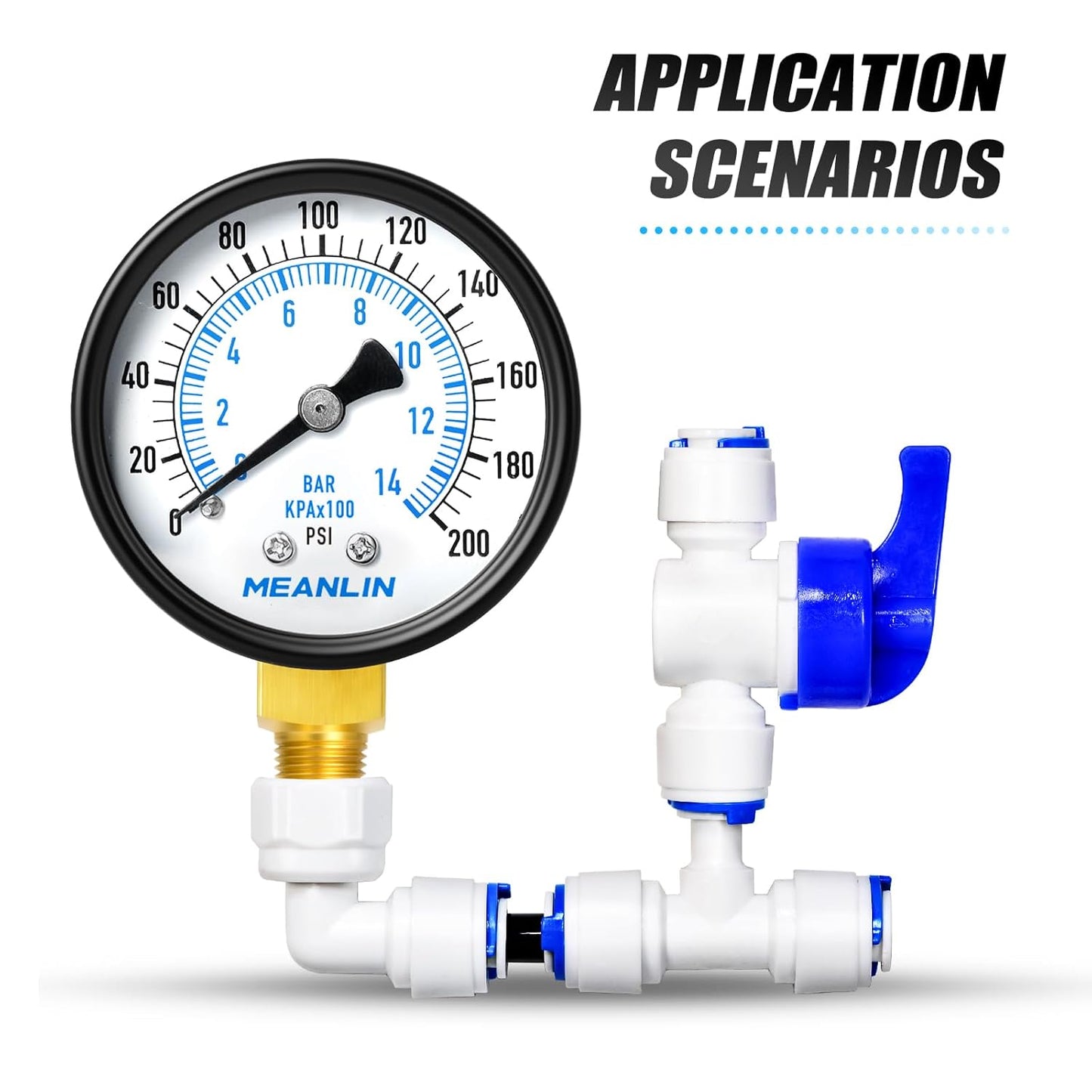 MEANLIN MEASURE 0-200Psi Well Pump Pressure Gauge 1/4" NPT 2" FACE DIAL for Air Compressor Air Regulator Water Filter Back Mount, with Teflon Tape