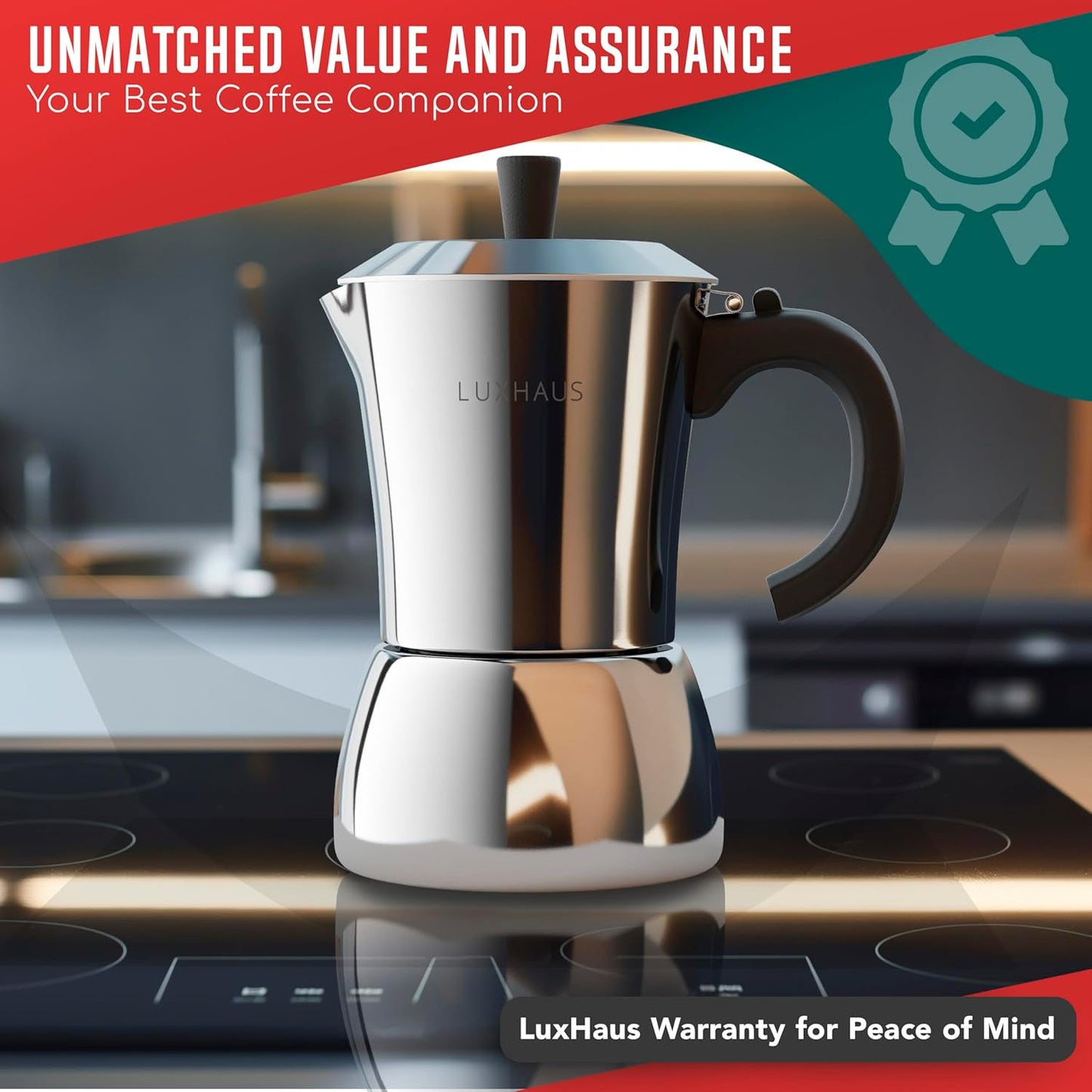 LuxHaus Moka Pot - 9 Cup Stovetop Espresso Maker - 100% Stainless Steel Italian and Cuban Mocha Coffee Maker