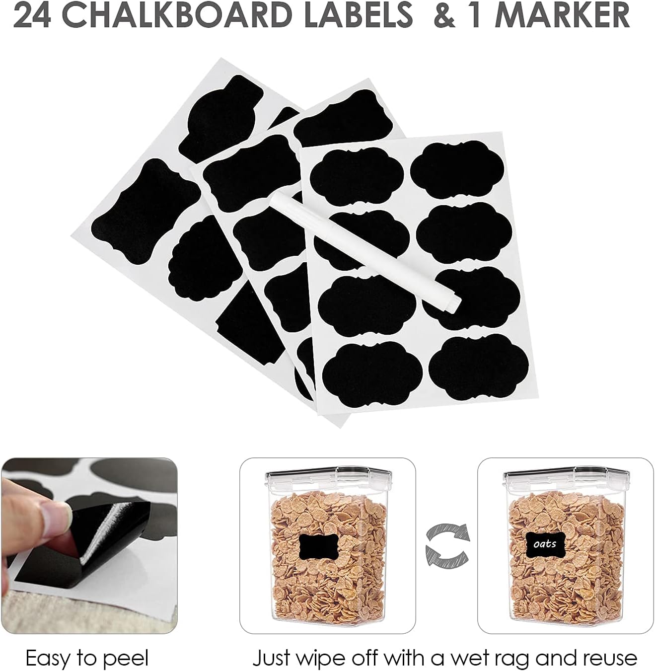 Airtight Food Storage Containers with Lids, Vtopmart 24 pcs Plastic Kitchen and Pantry Organization Canisters for Cereal, Dry Food, Flour and Sugar, BPA Free, Includes 24 Labels,Black