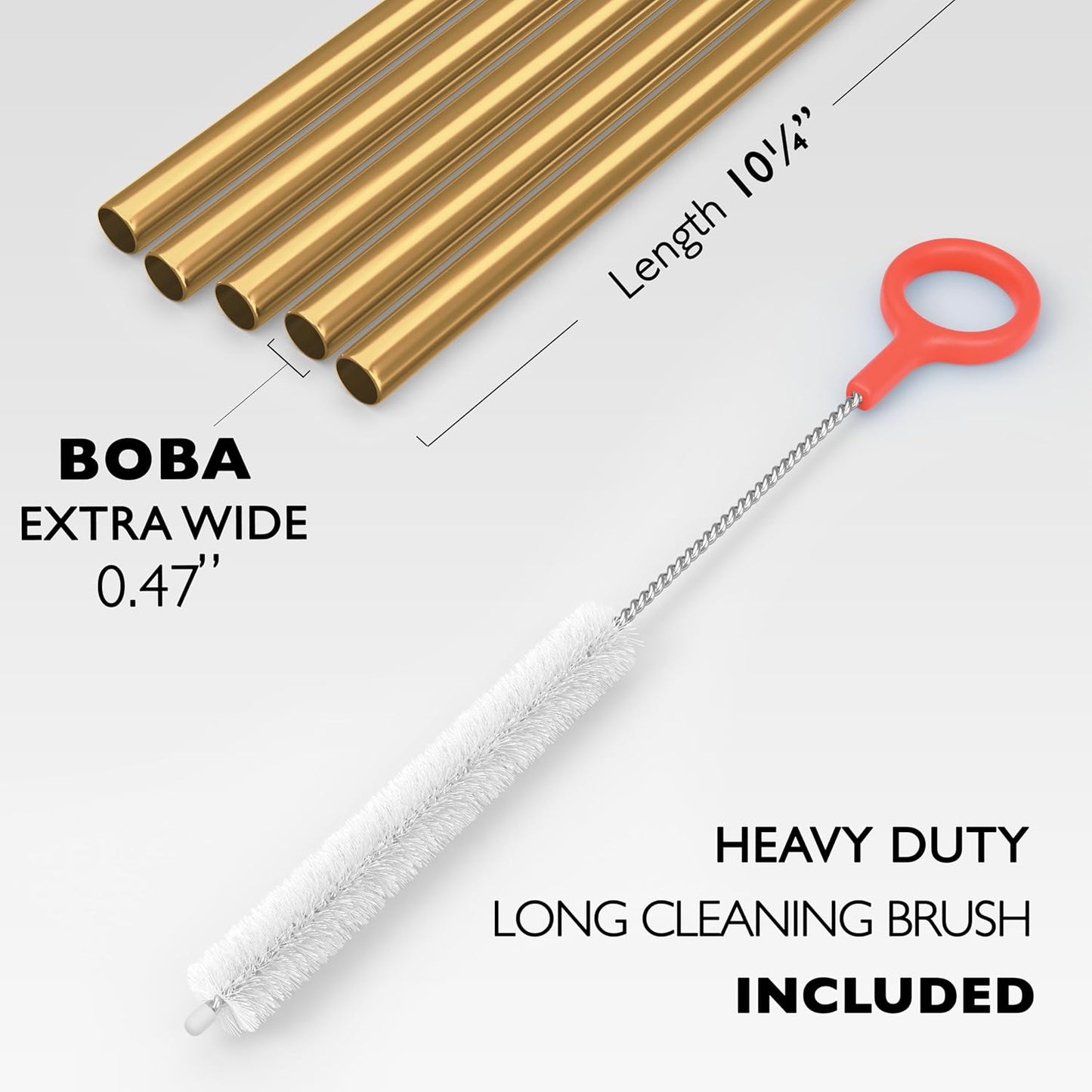 5 Boba Straws Stainless Steel + Cleaning Brush. 10.23" Long Extra Wide Metal Straws Reusable Fat Thick Large Jumbo for Smoothies, Bubble Tea. Dishwasher Safe Hard Drinking Straws. GOLD