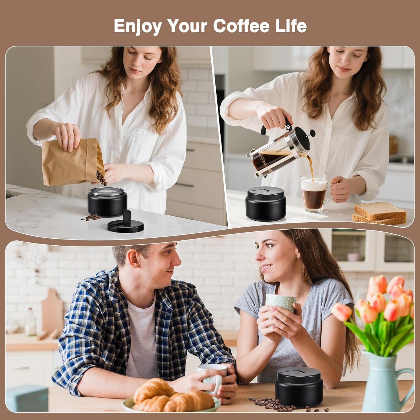 Coffee Canister, Premium Stainless Insulated Vacuum Steel Coffee Bean Storage Container Travel Jar, Kitchen Food Airtight Coffee Grounds Container for Tea, Sugar, Flour (13.5oz-Black)