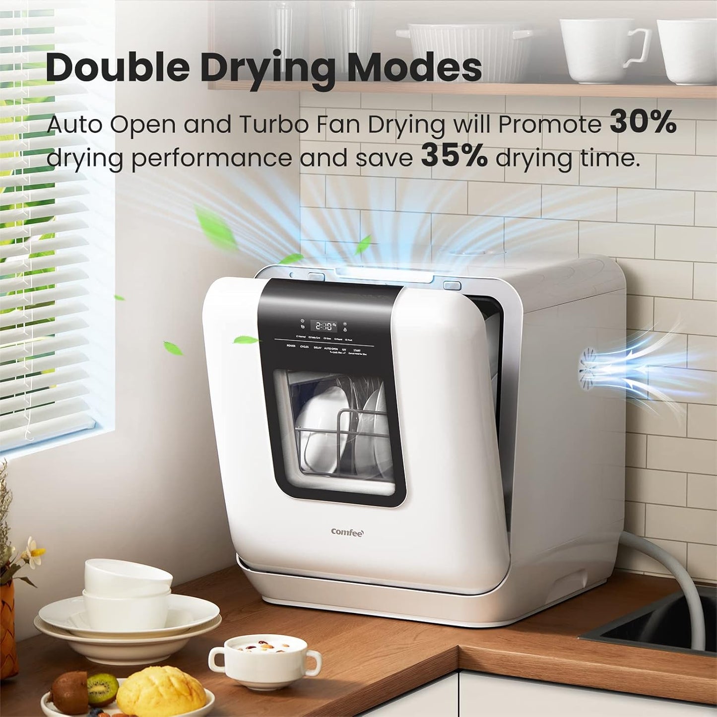 COMFEE' Countertop Dishwasher, Portable Dishwasher with 6L Built-in Water Tank, Mini Dishwasher with More Space Inside, 7 Programs, UV Hygiene& Auto Door Open, for Apartments, Dorms& RVs, White