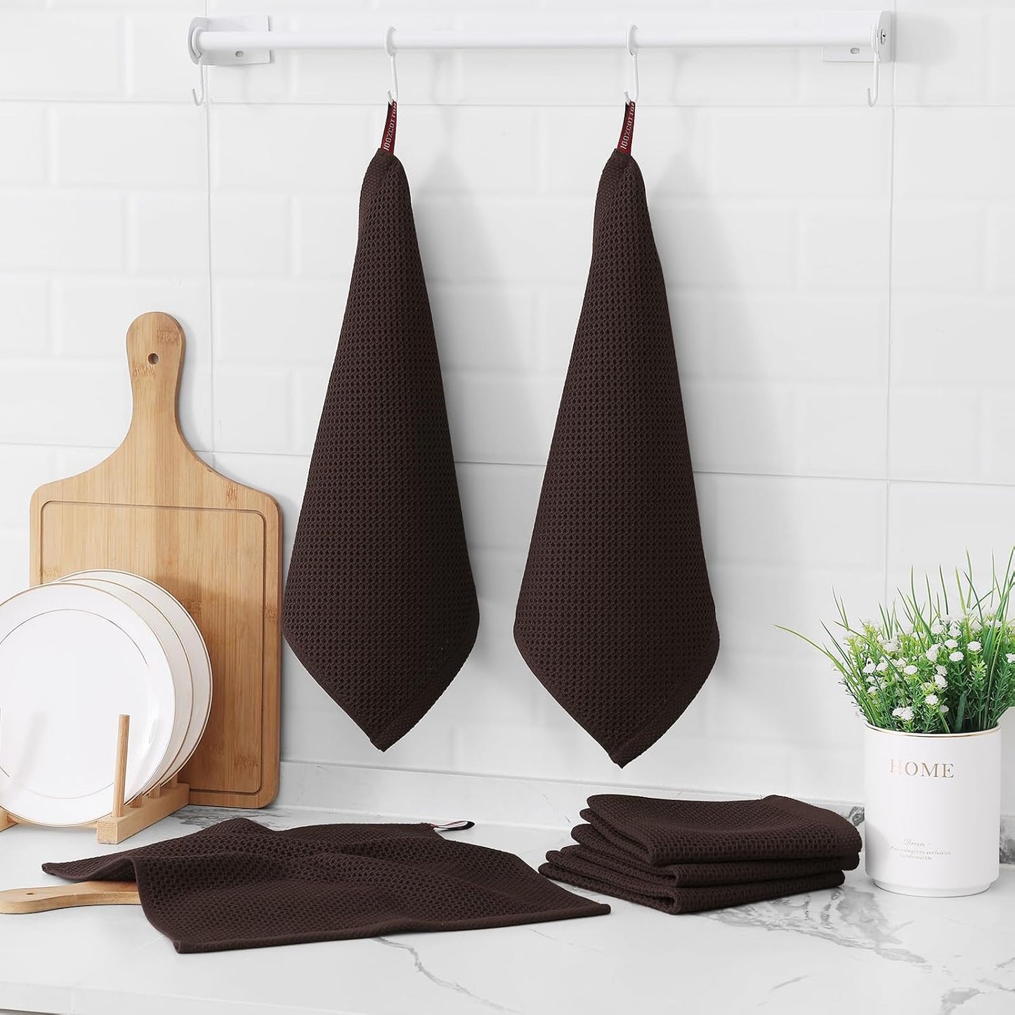 Kitinjoy 100% Cotton Kitchen Dish Cloths, 12 Pack Waffle Weave Ultra Soft Absorbent Dish Towels for Drying Dishes Quick Drying Kitchen Towels Dish Rags, 12 X 12 Inches, Dark Brown