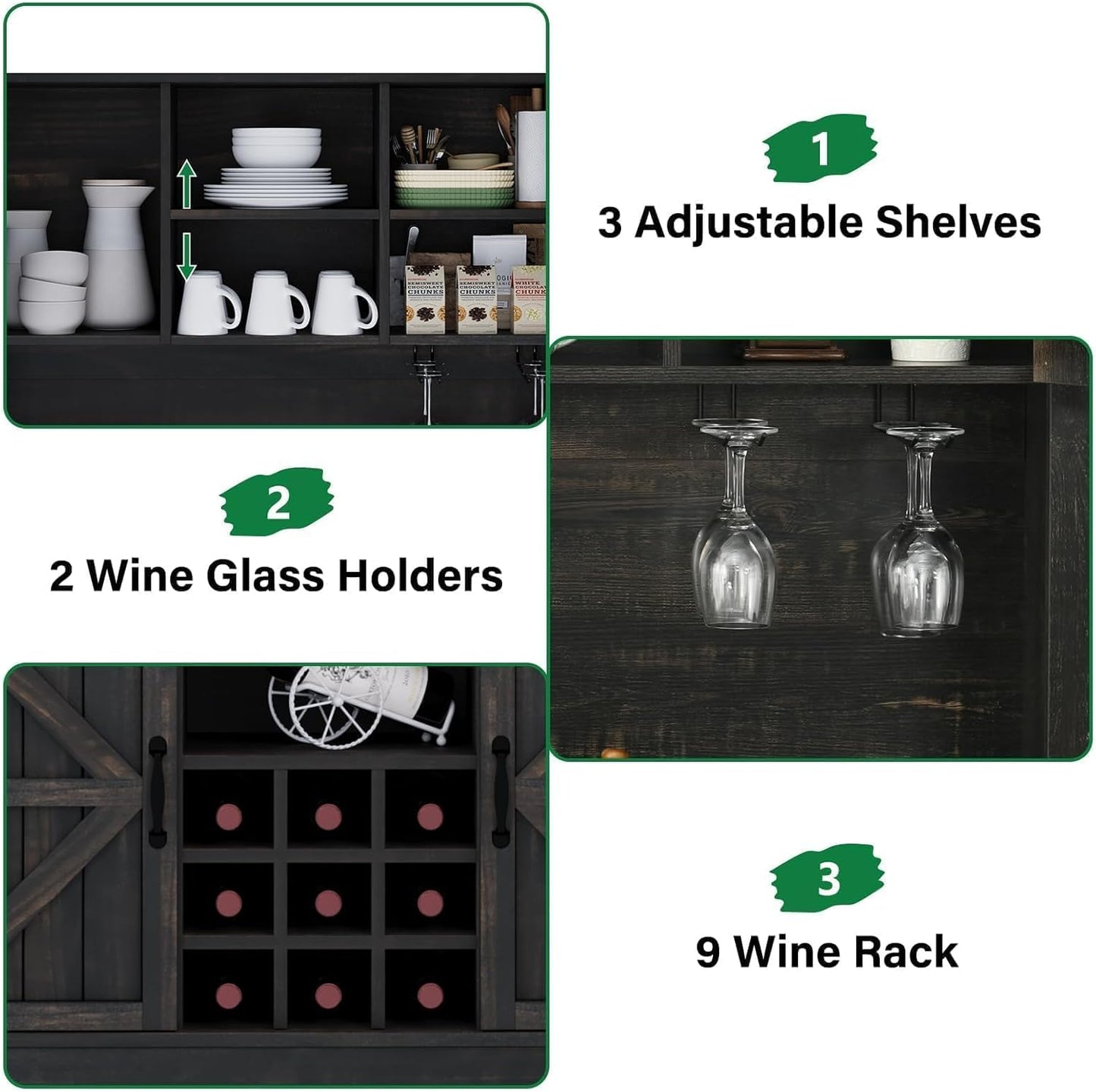 4 EVER WINNER 72" Coffee Bar Cabinet with Sliding Barn Door & Wine Racks, Hutch Cabinet with Storage and 3 Drawers, Farmhouse Coffee Bar with Wine Glass Holder for Dining Room Kitchen (Rustic Oak)