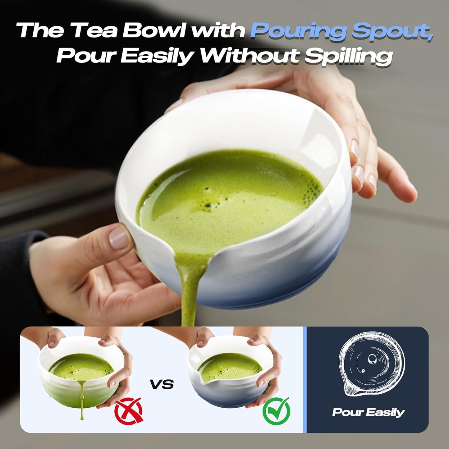 Matcha Whisk Set - 8 Pcs Tea Set with Bamboo Whisk and Holder, Ceramic Bowl, Bamboo Scoop and Spoon,Scoop Rest, Sifter & Tea Towel, Japanese Home Matcha Kit for Authentic Ceremony (Blue)