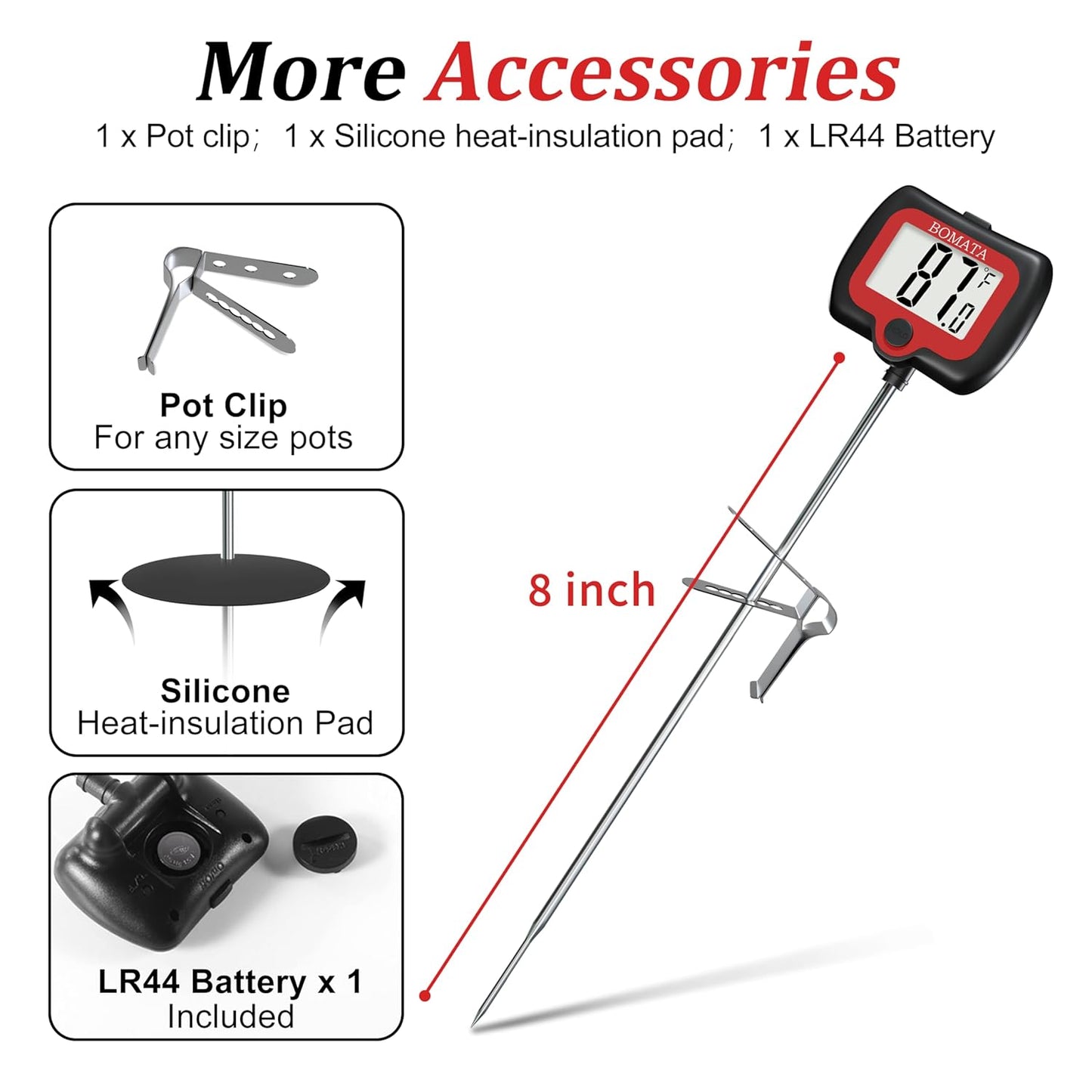 BOMATA Candy Thermometer with Pot Clip, Instant Read Cooking Thermometer with 8" Long Probe, Rotating Display, for Candy Making, Food, Candle Making, Liquids, Water, Baking, Sugar, Grilling. Black