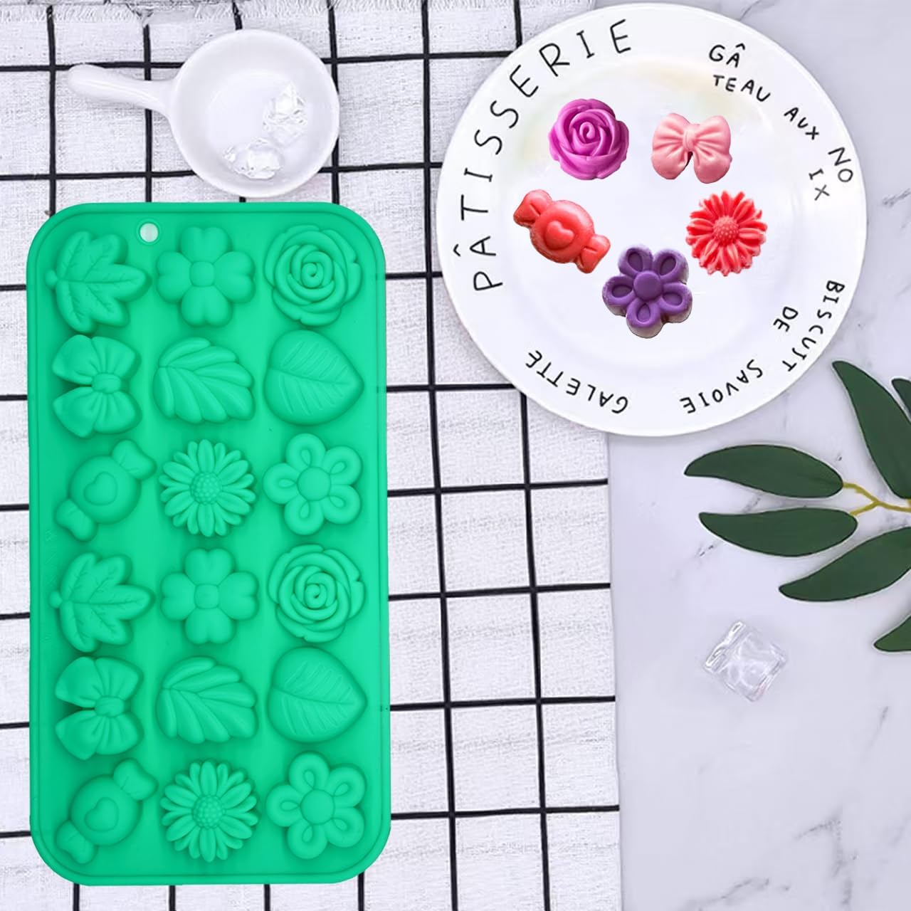 Gummy Candy Molds - 2Pcs Silicone Gummy Daisy Flower/Tulip Flower/Bow Tie/Leaf Candy Mold for Kids, Non-stick and Bpa Free for Candy Chocolate Gummy Jello Baking Soap Pudding Cookie Desserts Making