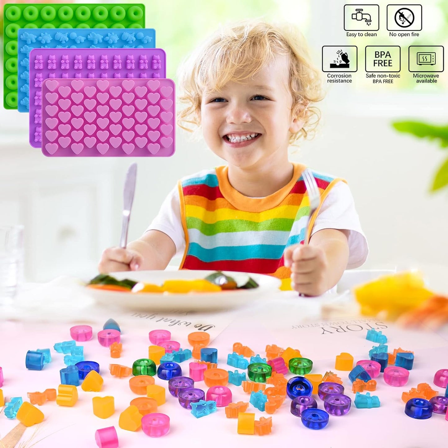 Sakolla Gummy Candy Molds Silicone with 2 Droppers Pack of 4 Mini Silicone Molds Including Dinosaur, Bear Shape, Hearts and Donut Gummie Chocolate Molds for Kids