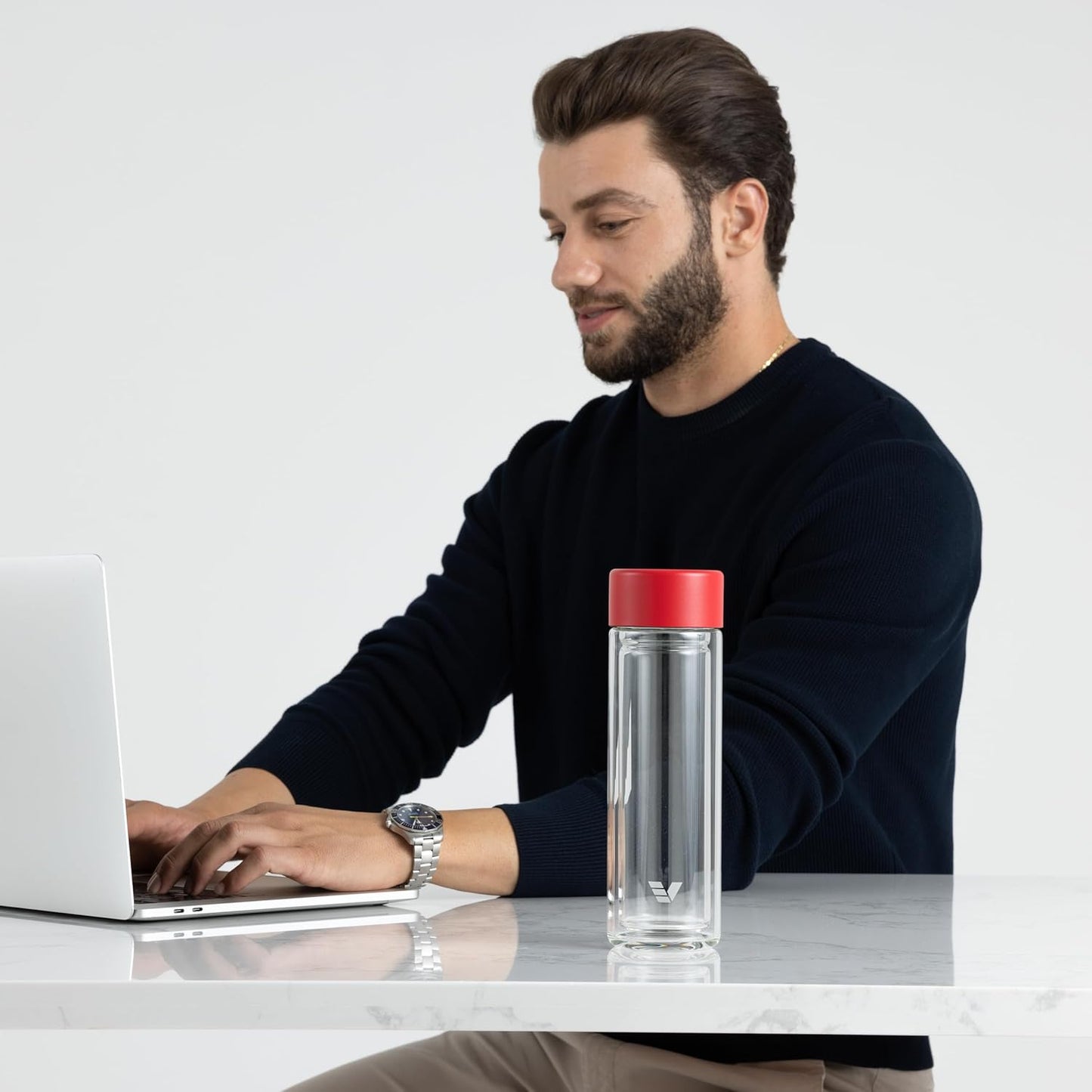 Glass Multi Tea Infuser Bottle 14oz - Double Wall Borosilicate Glass Flask | No Plastic Touches Contents | Perfect for Office or Home - Red