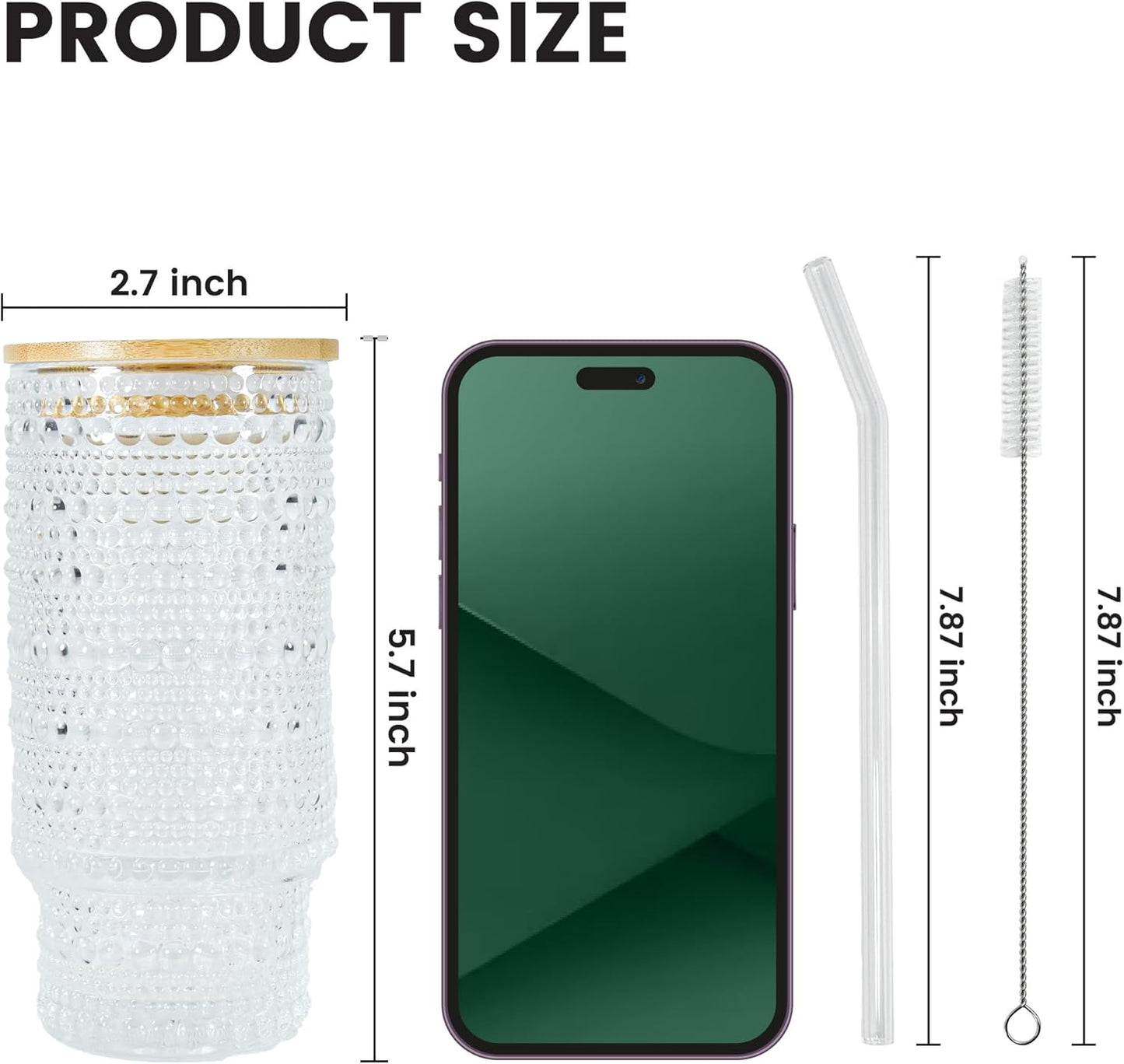 4 Pcs 11 oz Drinking Glasses Cups Set with Bamboo Lids Straws Brush Small Drinking Glassware Set for Juice Iced Coffee Cocktail Whiskey(Hobnail*4)