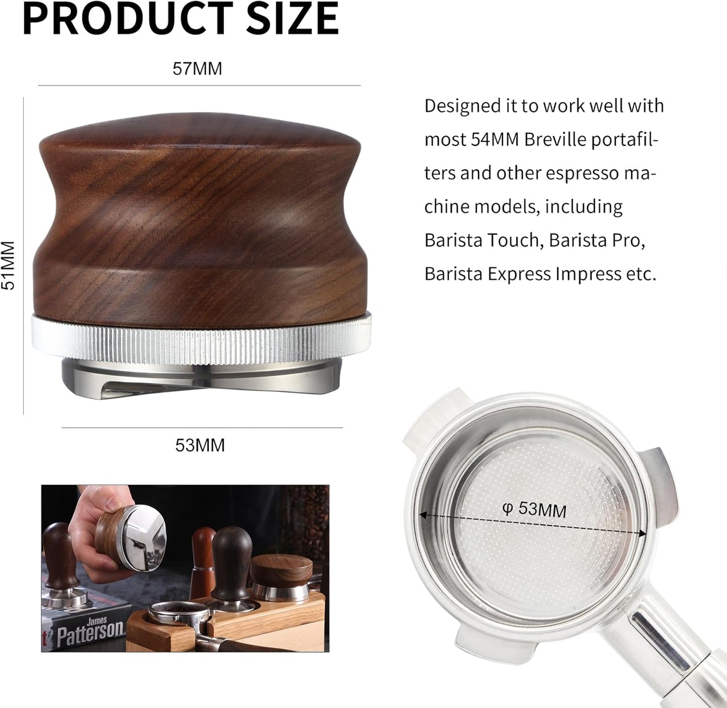 53mm Coffee Distributor, Espresso Distribution Tool, Adjustable Depth Espresso Tamper Leveler with Walnut Wood Handle Fits for 54mm Breville Barista Portafilter