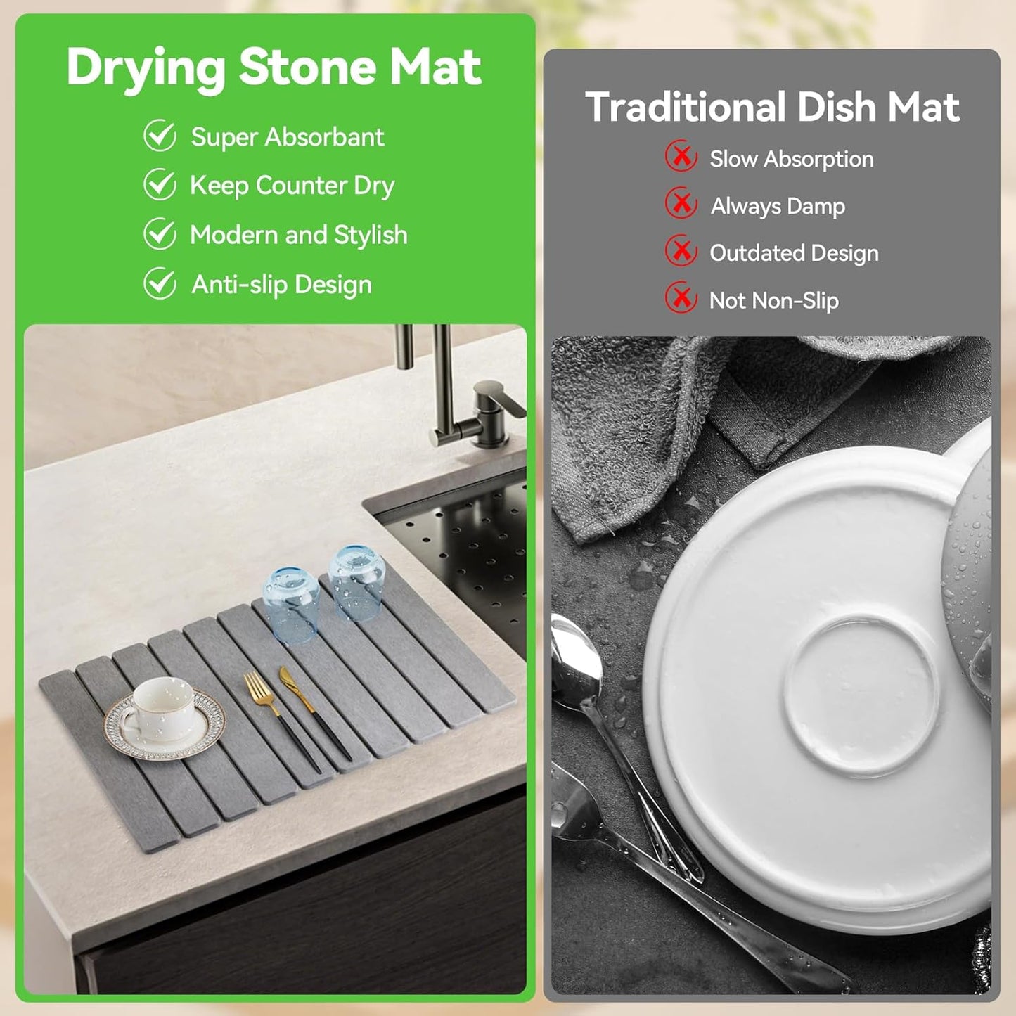 Large Stone Drying Mat for Kitchen Counter, Collapsible Quick Dry Stone Bath Mats for Bathroom, Ultra Absorbent Diatomaceous Earth Dish Mat for Dishes Cups Cookware Countertop, 23.23'' x 15.4'', Grey