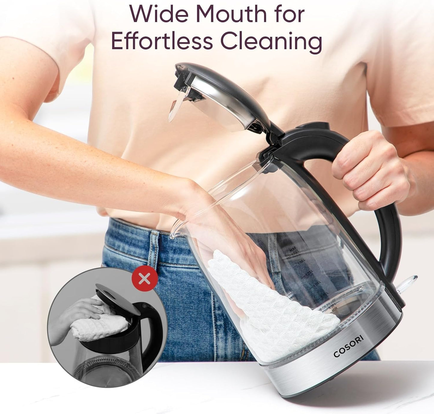 Cosori Electric Kettle, No Plastic Filter & Spout, 1.7L Tea Kettle & Hot Water Boiler For Coffee & Tea, Water Heater & Teapot, Automatic Shut Off, Borosilicate glass, Black, 1500W