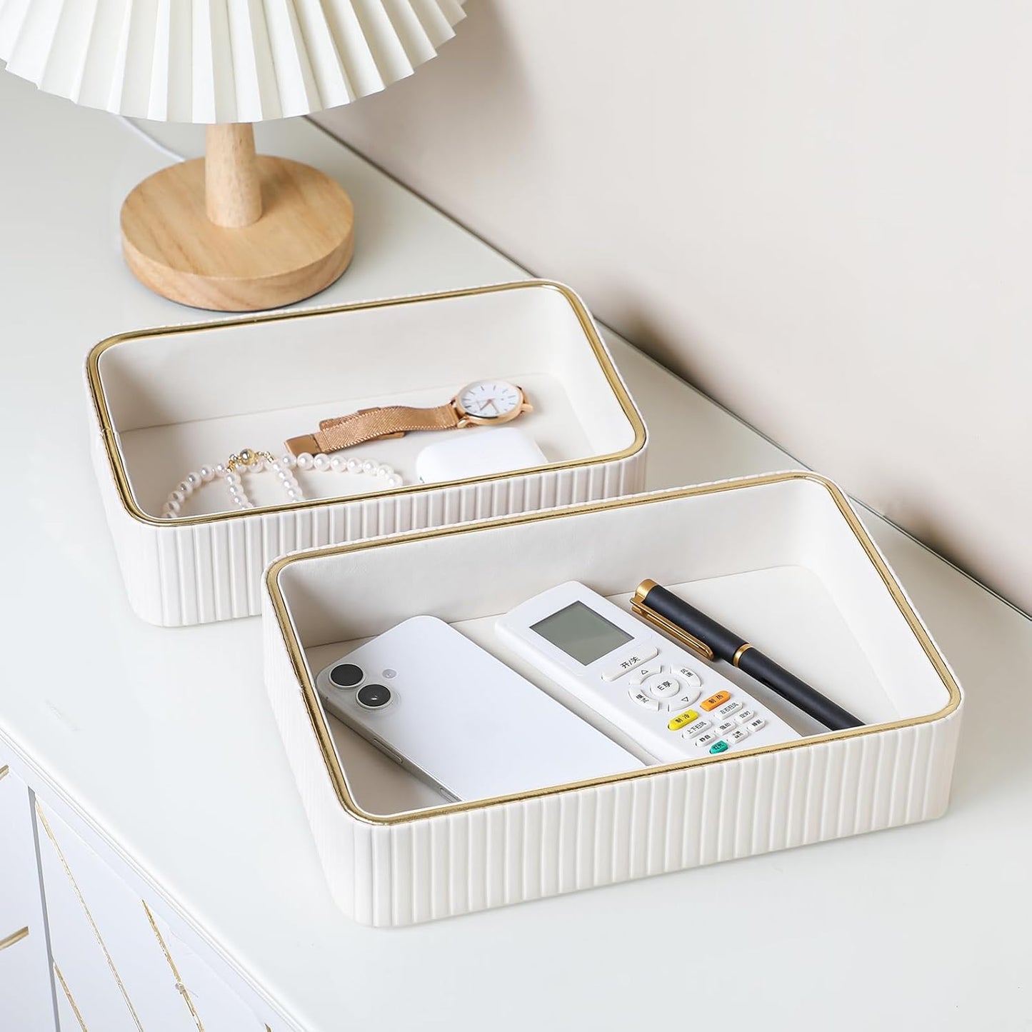 Desk Organizer Tray, PU Leather Valet Tray Nightstand Organizer Cologne Perfume Trays for Men Women, Decorative Vanity Trays Key Bowl Trinket Dish (Ivory, 10.3" x 6.7" x 2.2")