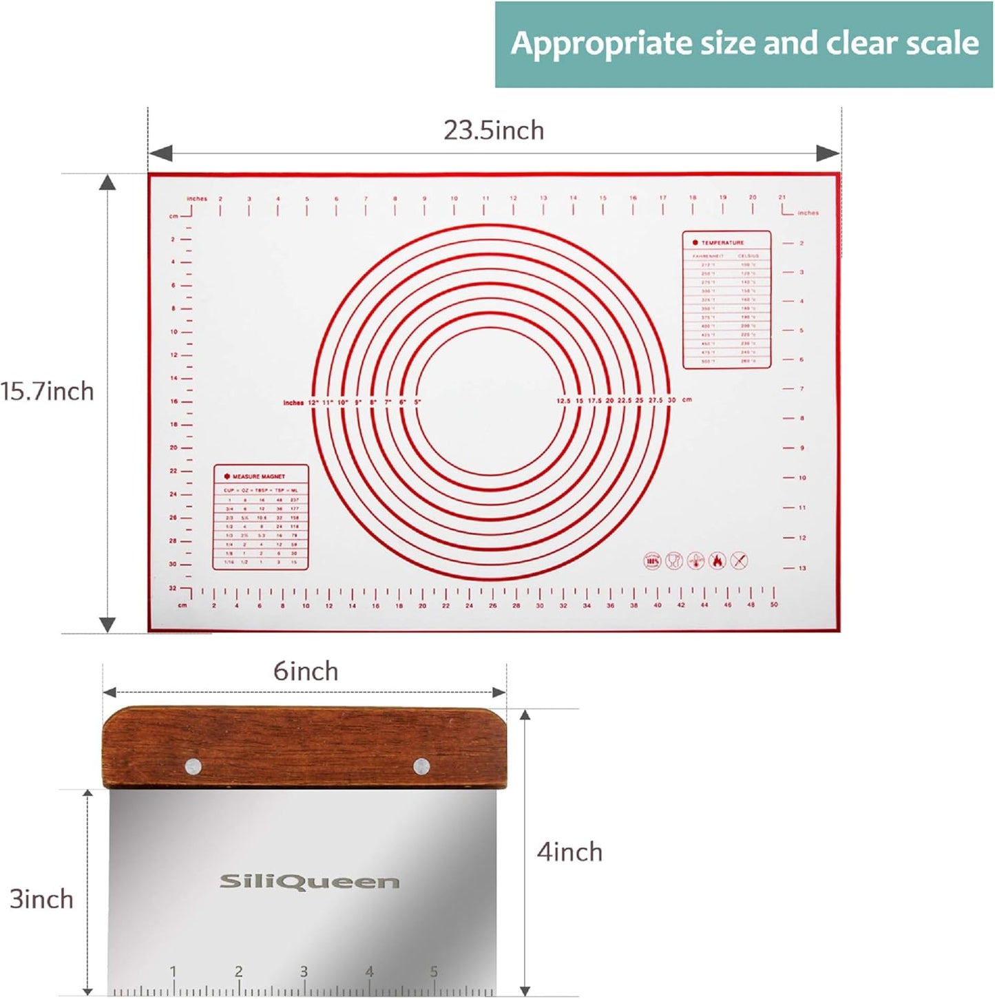 Silicone Pastry Baking Mat with Measurements Extra a Brush and a Dough Scraper- 23.5” x 15.7” Heat Resistant, BPA Free, Non-Stick Non-Slip Pastry Mat for Rolling Dough - Easy to Clean, Red