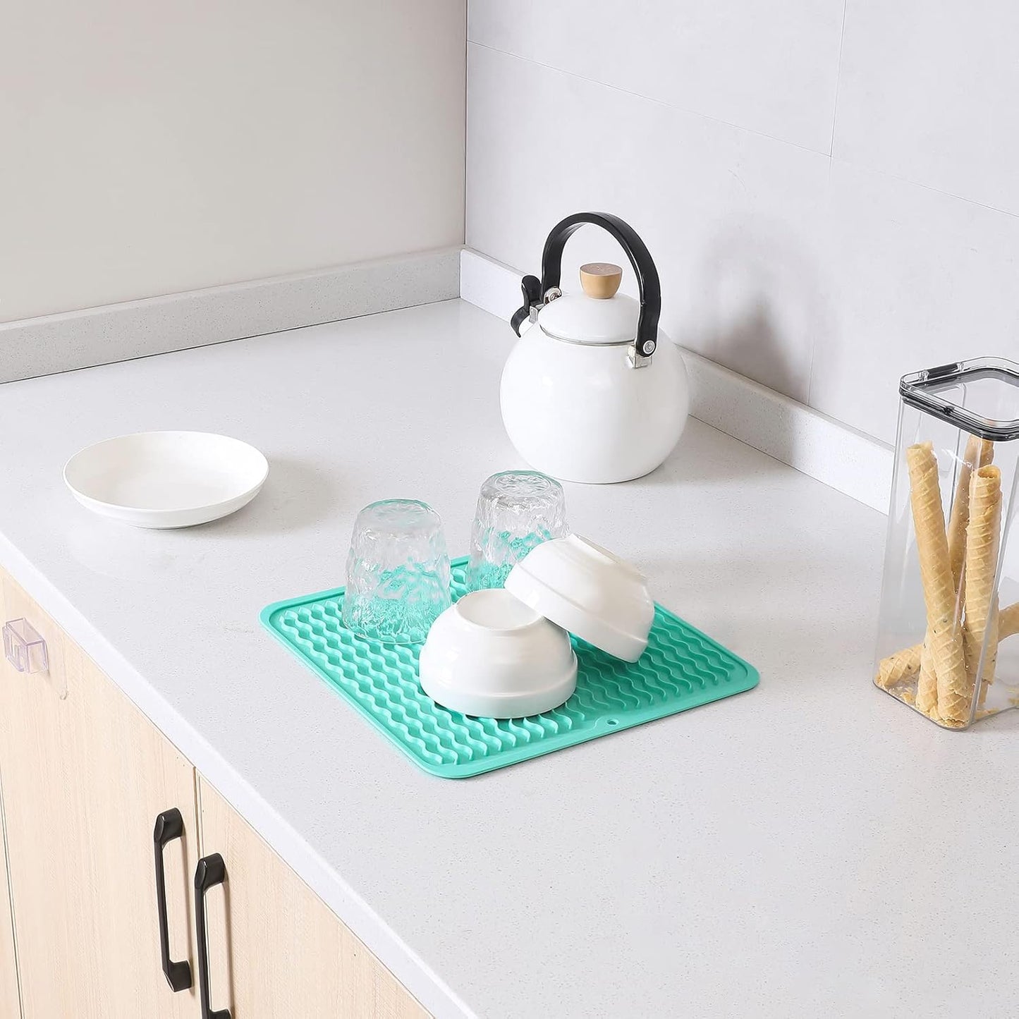 Silicone Dish Drying Mat for Multiple Usage,Easy clean,Eco-friendly,Heat-resistant Silicone Mat for Kitchen Counter or Sink,Refrigerator or Drawer liner Mint M 12 inches x 12 inches