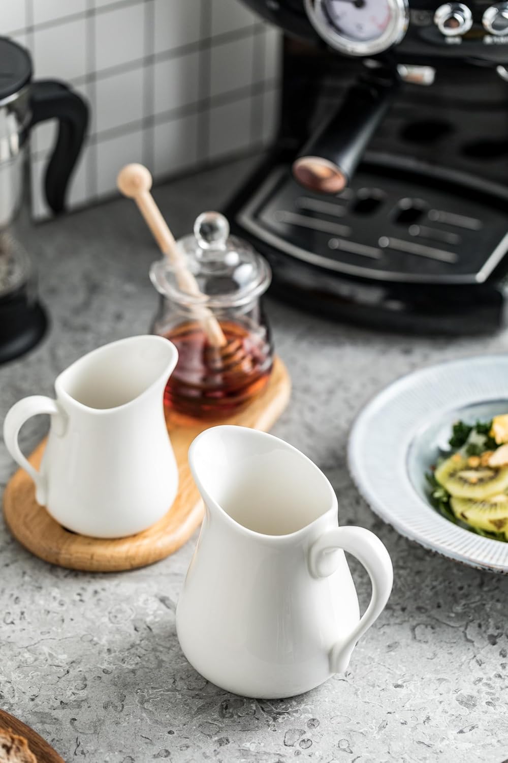 2 PCS Small Creamer Pitcher Set, 9 OZ Ceramics Creamer Pitcher with Handle for Farmhouse Kitchen Coffee Milk Sauces, White