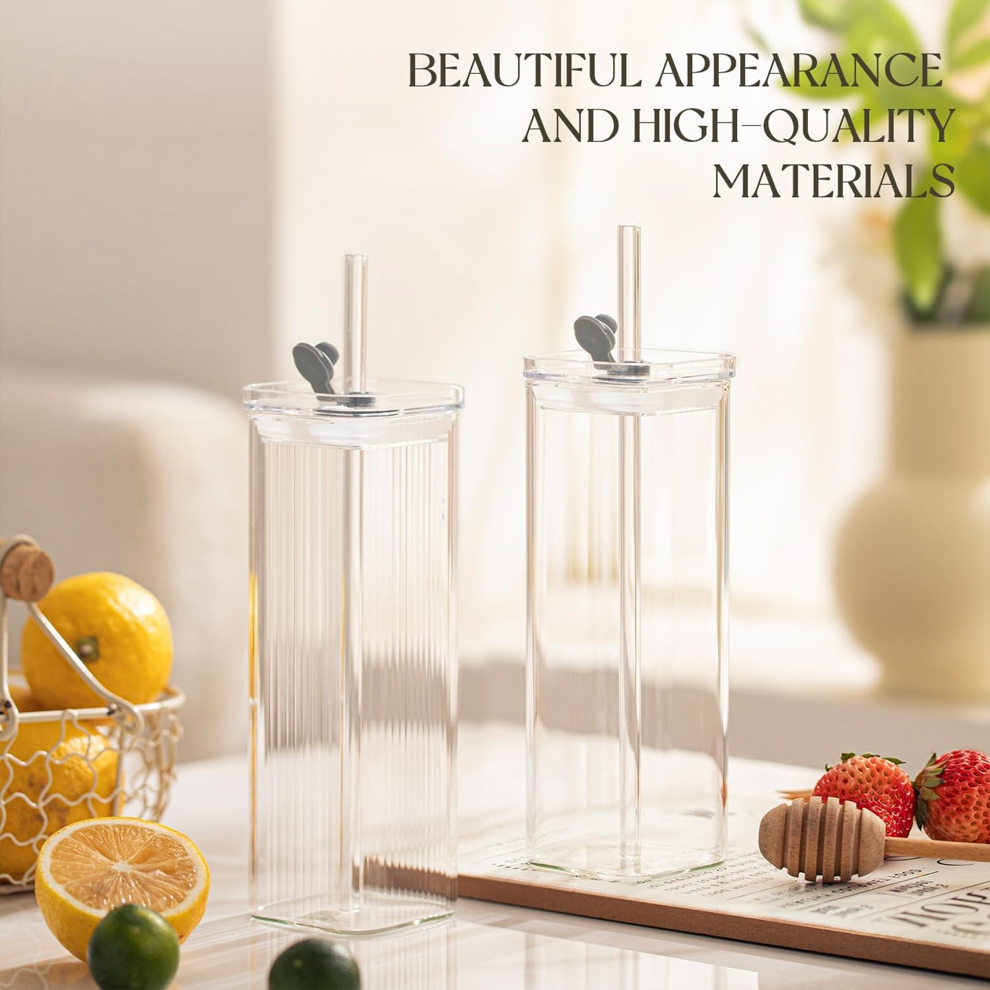 12 Sets Square Drinking Glass Cups with Lids & Straws, 17 Oz Clear Highball Glasses for Cocktail, Iced Coffee, Juice, Beer - Modern Glass Tumblers