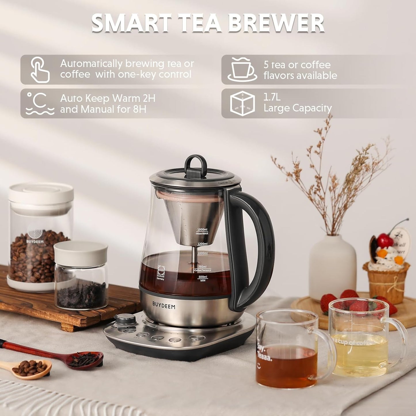 BUYDEEM K176 Tea Maker, Multifunctional Stainless Steel Electric Kettle for Tea and Coffee Brewing, Auto Keep Warm, 5 Flavor Controls, 1.5L