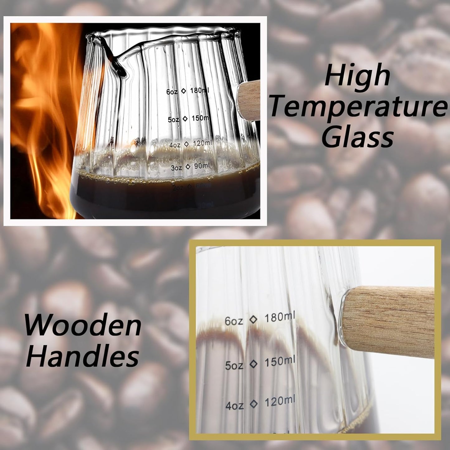 Espresso Measuring Cup 6 Oz, Espresso Glass Cups with Wood Handle, Milk Frothing Cup, Espresso Cup for Coffee, Milk, Tea or Maple Syrup Serving