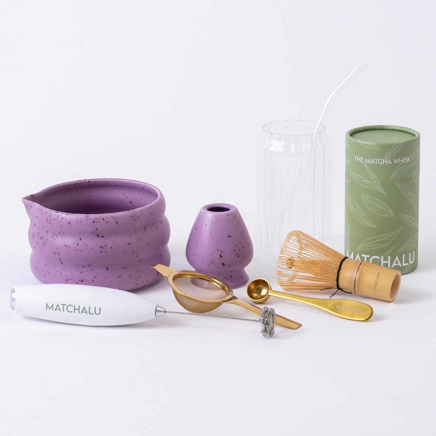 Premium 9 Piece Matcha Set Includes Ceramic Matcha Bowl, Bamboo Whisk & Holder, Stainless Steel Spoon & Sifter, Glass Cup & Straw, Electric Frother, Storage Bag - Gift for Matcha Lovers (Purple)