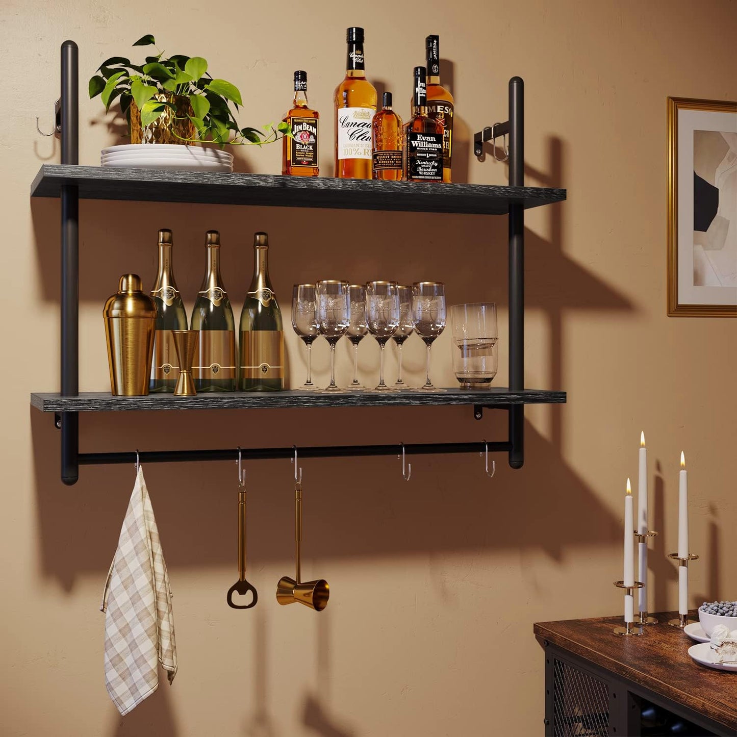 Bestier Pipe Shelf Industrial Floating Shelving 31" Kitchen Wall-Mounted Shelf Towel Bar Hooks Coffee Bar Shelves Wine Hanging Display Rack Bookshelf Living Room Decor Bathroom-Charcoal Black