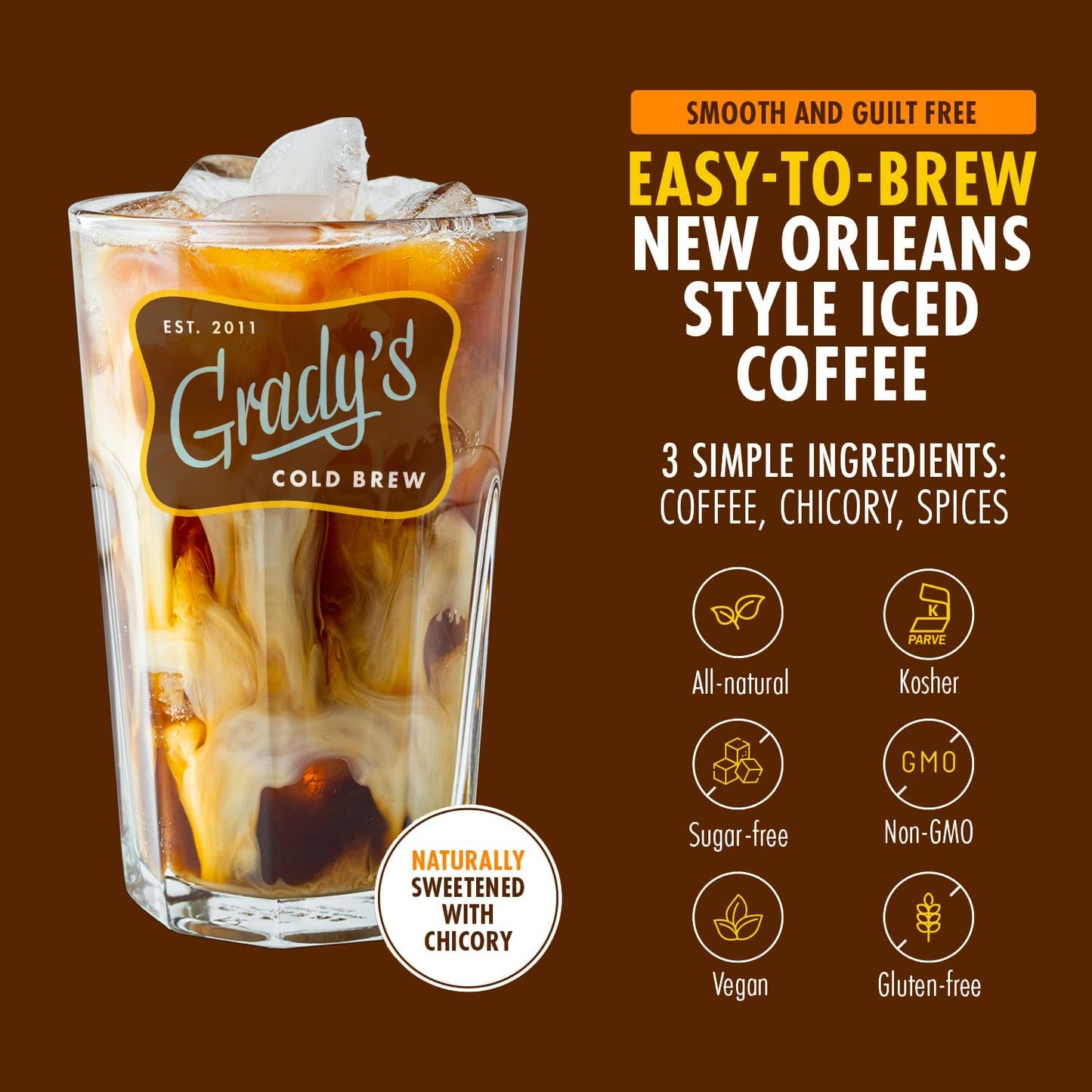 GRADY’S COLD BREW, New Orleans Style, 100% Arabica Ground Coffee & Chicory Pouches, One Box of Four Easy-to-Brew Bean Bags, Makes 12 drinks