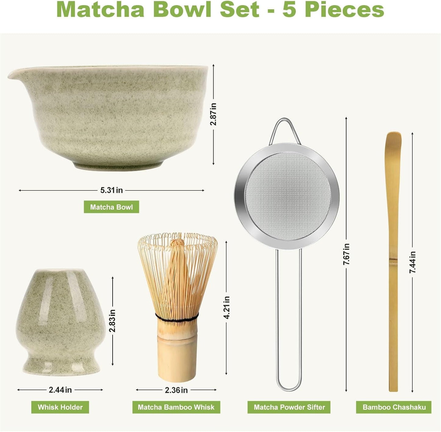 Green Matcha Whisk Making Set - Japanese Tea Kit with Whisk Bowl and Bamboo Scoop Ceramic Chawan with Spout for Traditional Tea Ceremony Complete Matcha Making Tools Gift for Tea Lovers (Green, 5 PCS)