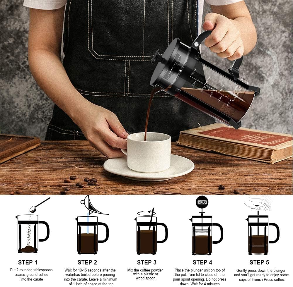 QUQIYSO French Press Coffee Maker 34oz 304 Stainless Steel French Press with 4 Filter, Heat Resistant Durable, Easy to Clean, Borosilicate Glass Coffee Press, 100% BPA Free Glass Teapot, Black