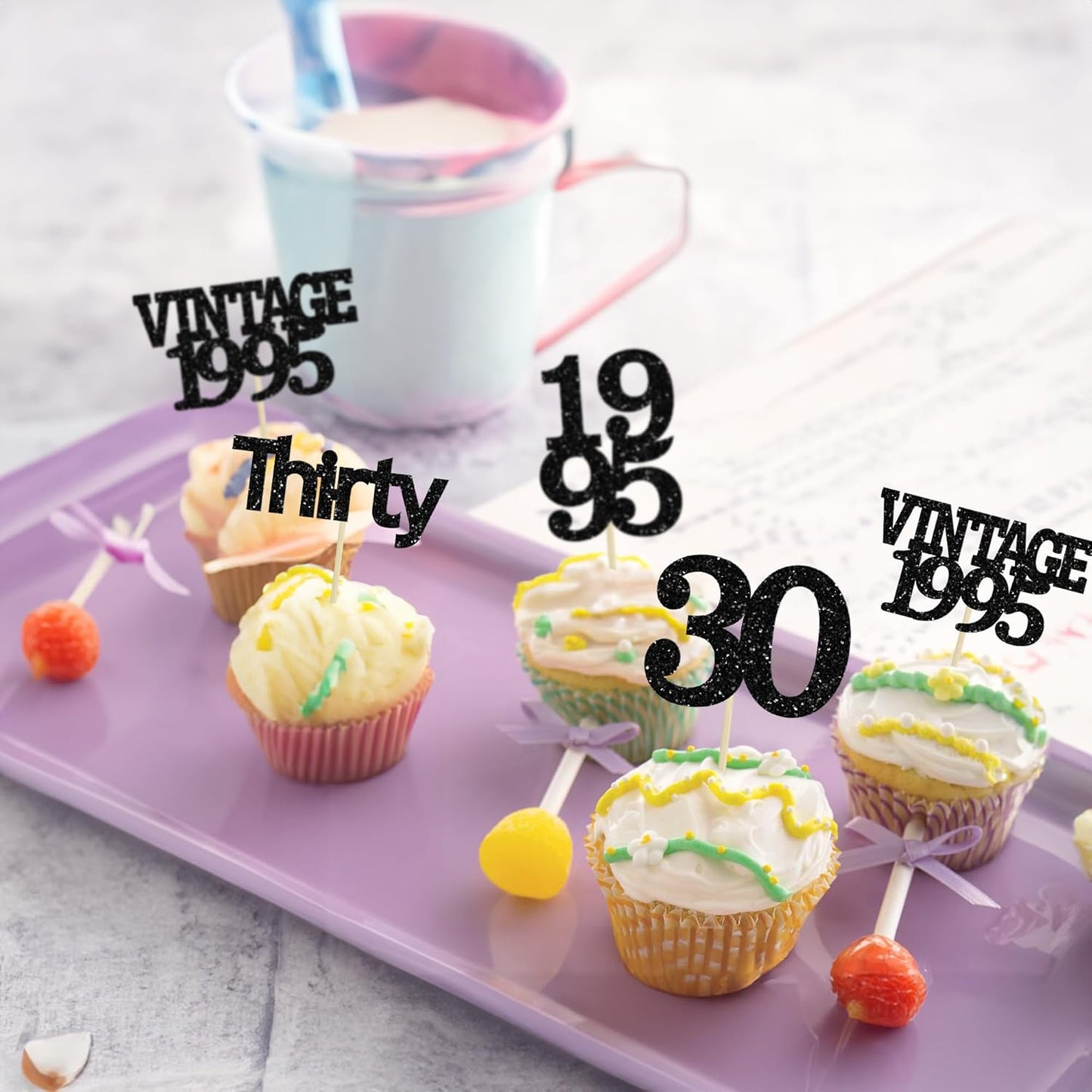 Gyufise 24Pcs Vintage 1995 Cupcake Toppers Cheers to 30 Fabulous Thirty Cupcake Picks Decorations for 30th Birthday Wedding Anniversary Party Supplies Black