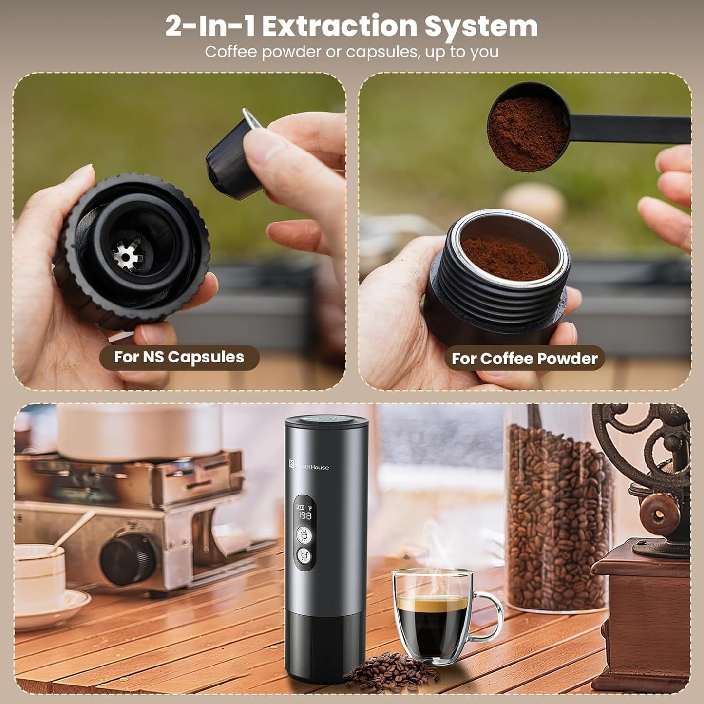 Maestri House 150W Espresso Maker with 2-3 Min Fast Self-Heating, Portable Travel Espresso Coffee Machine with Bag, Small Tea Cup Also Holder for NS Capsule & Ground Coffee for Car Camping, RV, Hiking