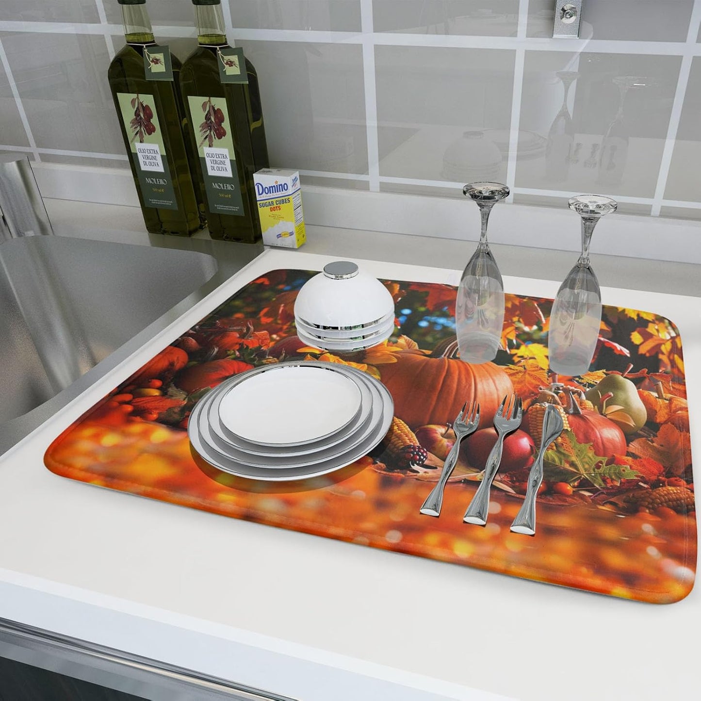 Fall Harvest Pumpkin Dish Drying Mat for Kitchen Counter,Thanksgiving Maple Leaves Sunflower Drying Mat 18 x 24 Inch with Absorbent Reversible Microfiber Dish Drying Pad for Coffee Bar