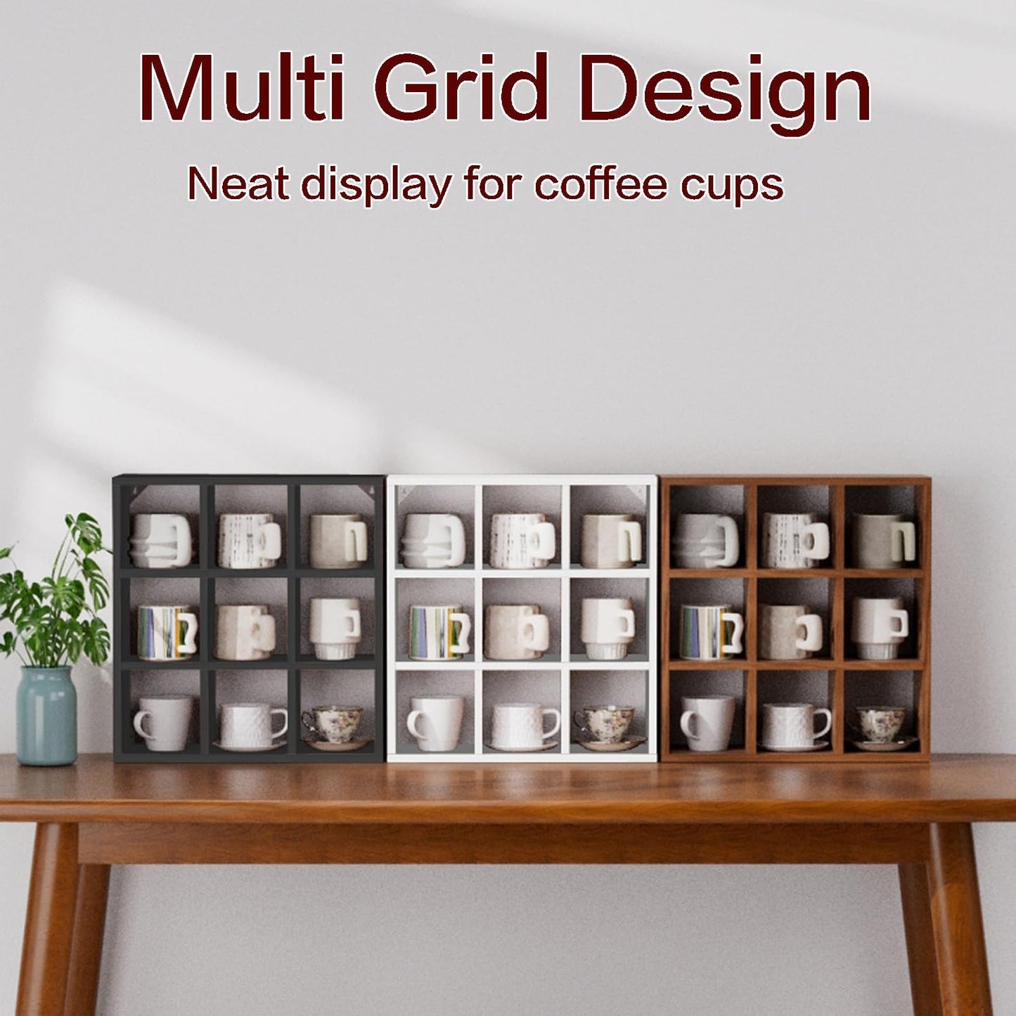 Helsin 9 Grid Vintage Coffee Mug Display Rack, 16inch Wall Mounted Wooden Curio Shadow Box Shelf, Cup Floating Shelves Display and Organizer (White)
