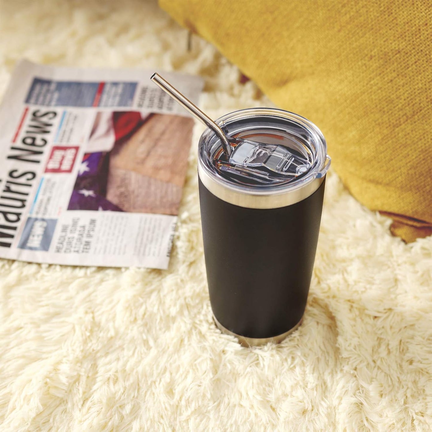 COMOOO 20oz/8Pack Black Tumbler Double Wall Vacuum Insulated Coffee Travel Mug Stainless Steel Tumbler with Lid and Straw Coffee Cup for Cold Drinks & Hot Beverage, Home and Outdoor (Black, 8 Pack)