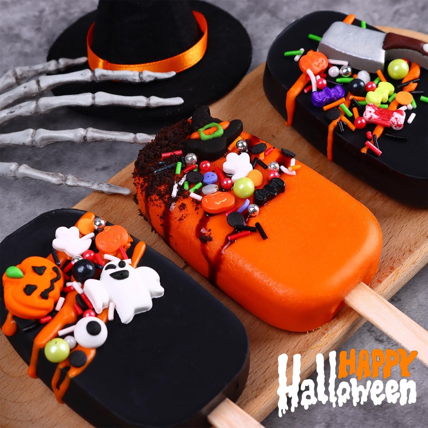 Edible Halloween Cake Decorations, Pumpkin Cupcake Toppers, Ghost Cake Decorations, Edible Knives Cupcake Toppers, Witch Hats for Cake Decorating, Cookies, Cupcakes, Macaron, and Ice Cream