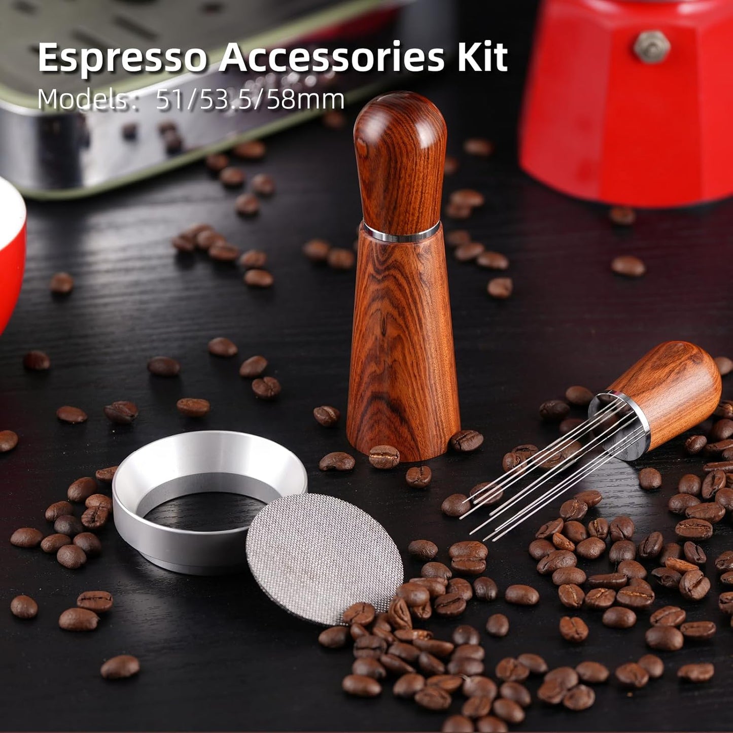 58mm Espresso Accessories Kit,316 Stainless Steel WDT Tool Espresso,Dosing Funnel and Puck Screen Set,Espresso Distribution Tool,Espresso Coffee Stirrer for Barista
