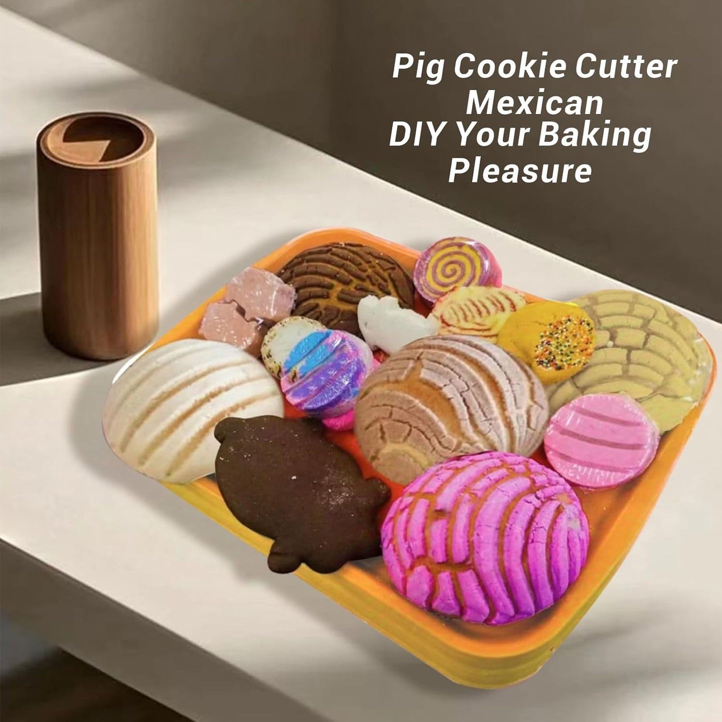 Concha Cutter Mexican bread mold with 5 sizes of pig biscuit cutting machine set, Concha Stamp double-sided mold for baking biscuits (Single sided mold+5 pigs)