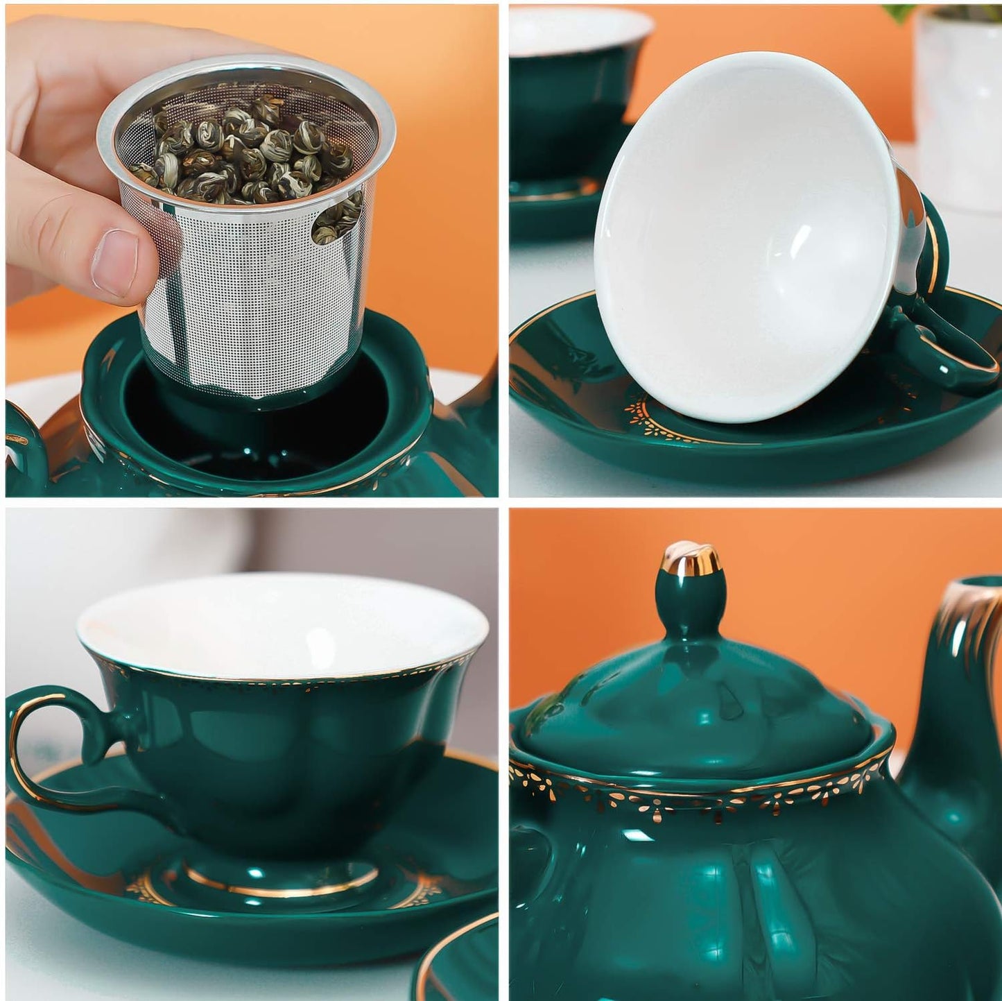 CHENP.HMC Tea Set 22-Piece Porcelain Ceramic Coffee Tea Sets Cups Saucer Service for 6 Teapot Sugar Bowl Creamer Pitcher and Teaspoons Porcelain Tea Set(Dark Green)