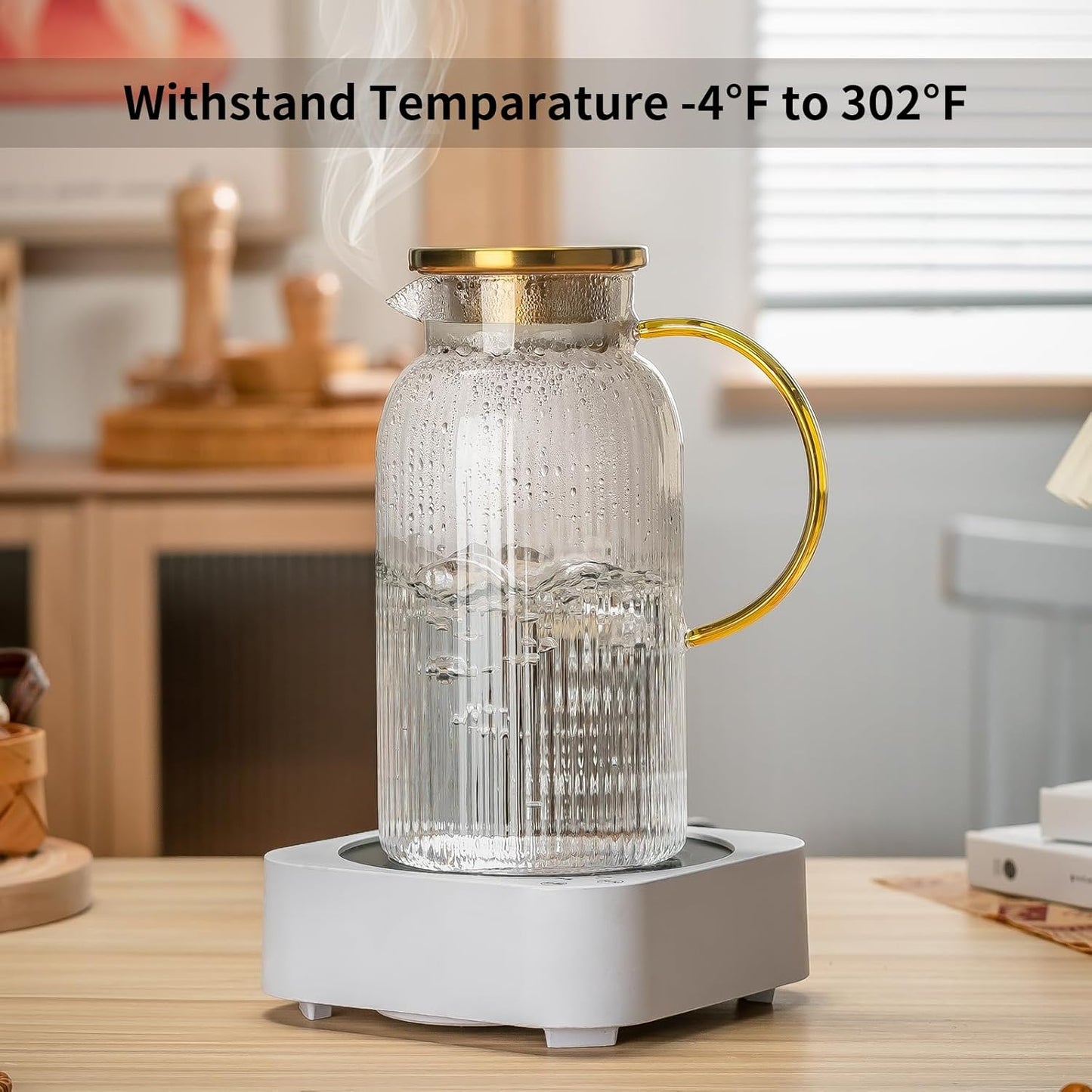 Glass Pitcher with Lid, 84oz/2.5 Liter Classic Vertical Stripes Water Pitcher,Glass Water Carafe for Cold Brew, Coffee, Lemonade, Iced Sun Tea,Beverage, Milk, Heat Resistant