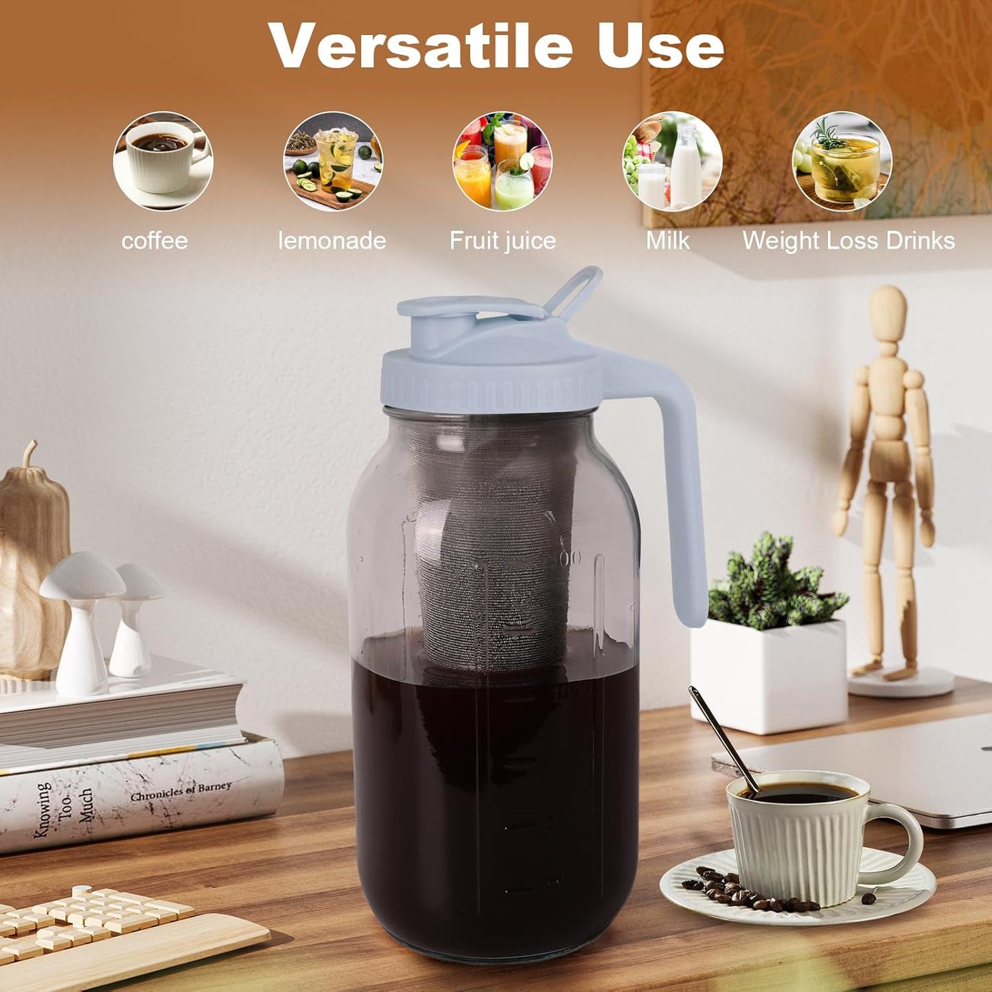 Cold Brew Coffee Maker,64 oz Mason Jar Pitcher with Stainless Steel Filter, Pour Spout Handle Lid, Heavy Duty Glass Airtight & Leak-Proof Pitcher for iced coffee Tea Lemonade-Gray