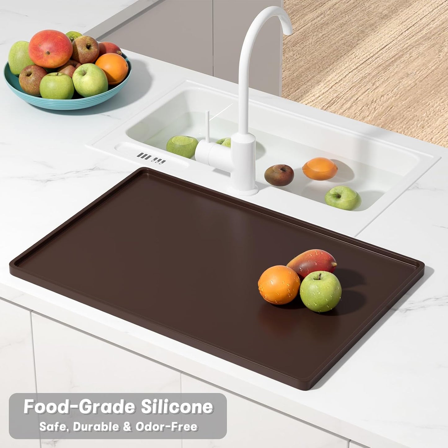 Rnivvi Silicone Coffee Mat, 16" x 24" Waterproof Raised Edge Coffee Bar Mats for Espresso Machine Station Accessories, Heat Resistant Dish Drying Pad for Kitchen Counter, Rubber Bar Decor Pad, Brown