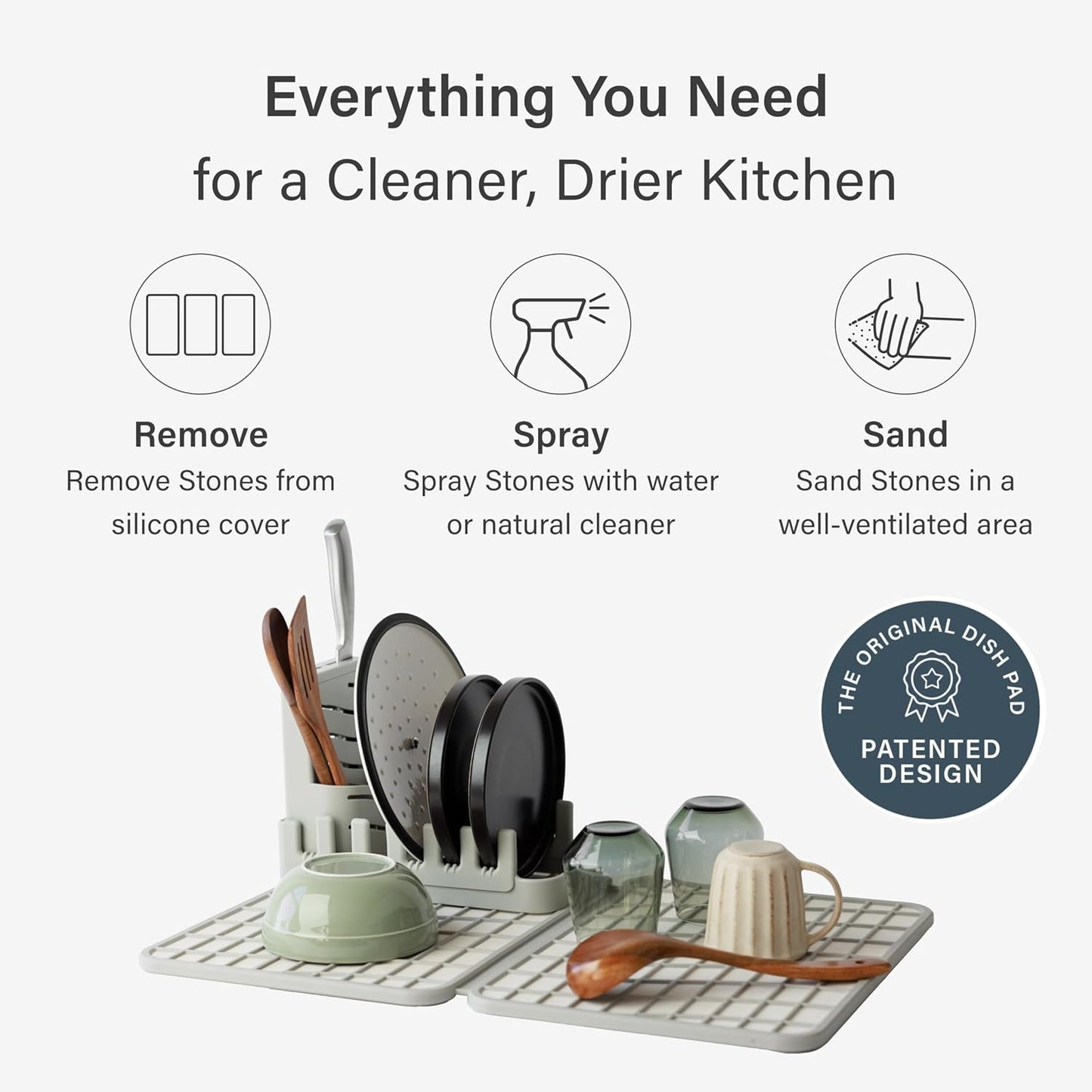 Dorai Home Collapsible Dish Drying Rack and Stone Dish Pad – Large Foldable Drying Rack with Instant - Dry Stone Mat – Space-Saving Drainer for Kitchen Counter - 24.6" x 16.5", Sand