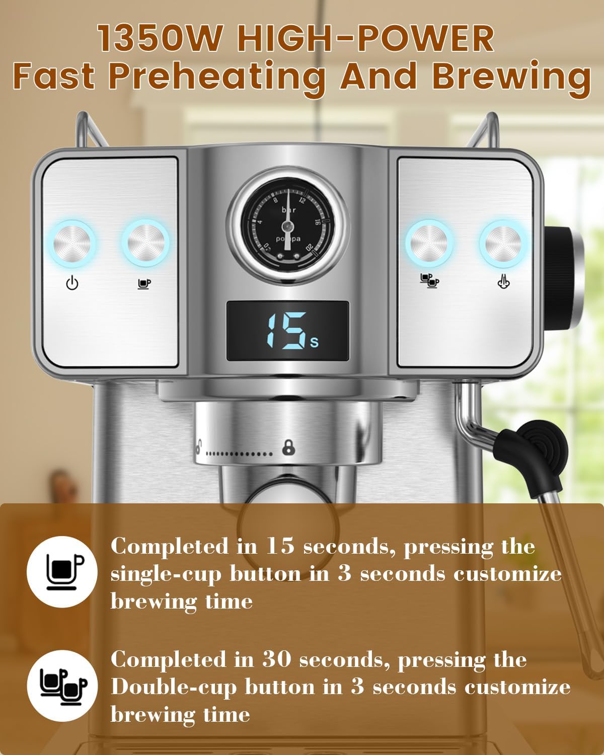 Espresso Machine 20 Bar, Milk Frother Steam Wand, 60oz (1.8 Liters) Water Tank, 1350W for Home Barista Espresso Latte Macchiato and Cappuccino Maker