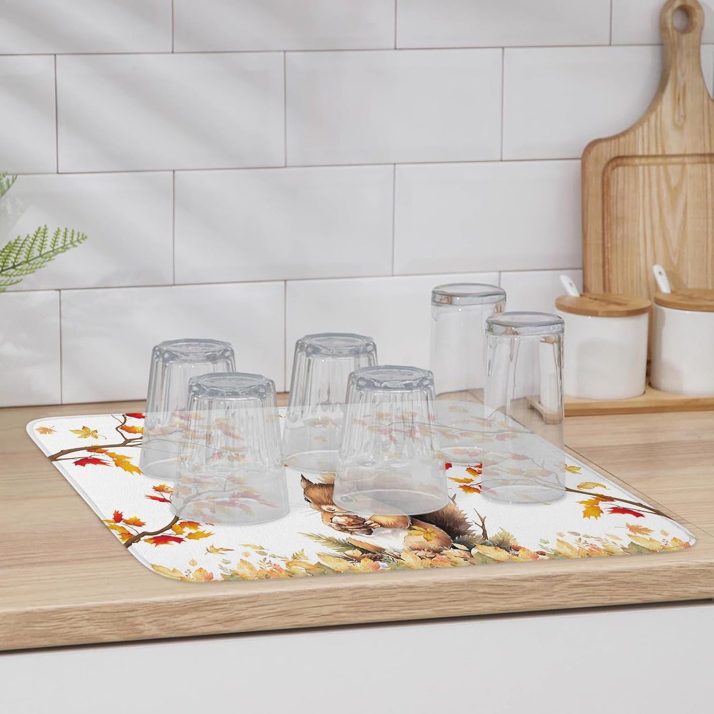 Fall Dish Drying Mat for Kitchen Counter Squirrel Drying Pad Absorbent Drying Mats for Countertops Sinks Draining Racks Pine Cone Autumn Maple Leaves Drainer Holiday Harvest Thanksgiving Decor 18x24